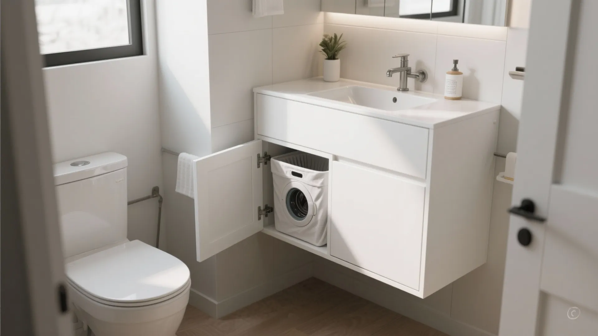 White bathroom with toilet and sink cabinet open to show a hidden laundry bag inside