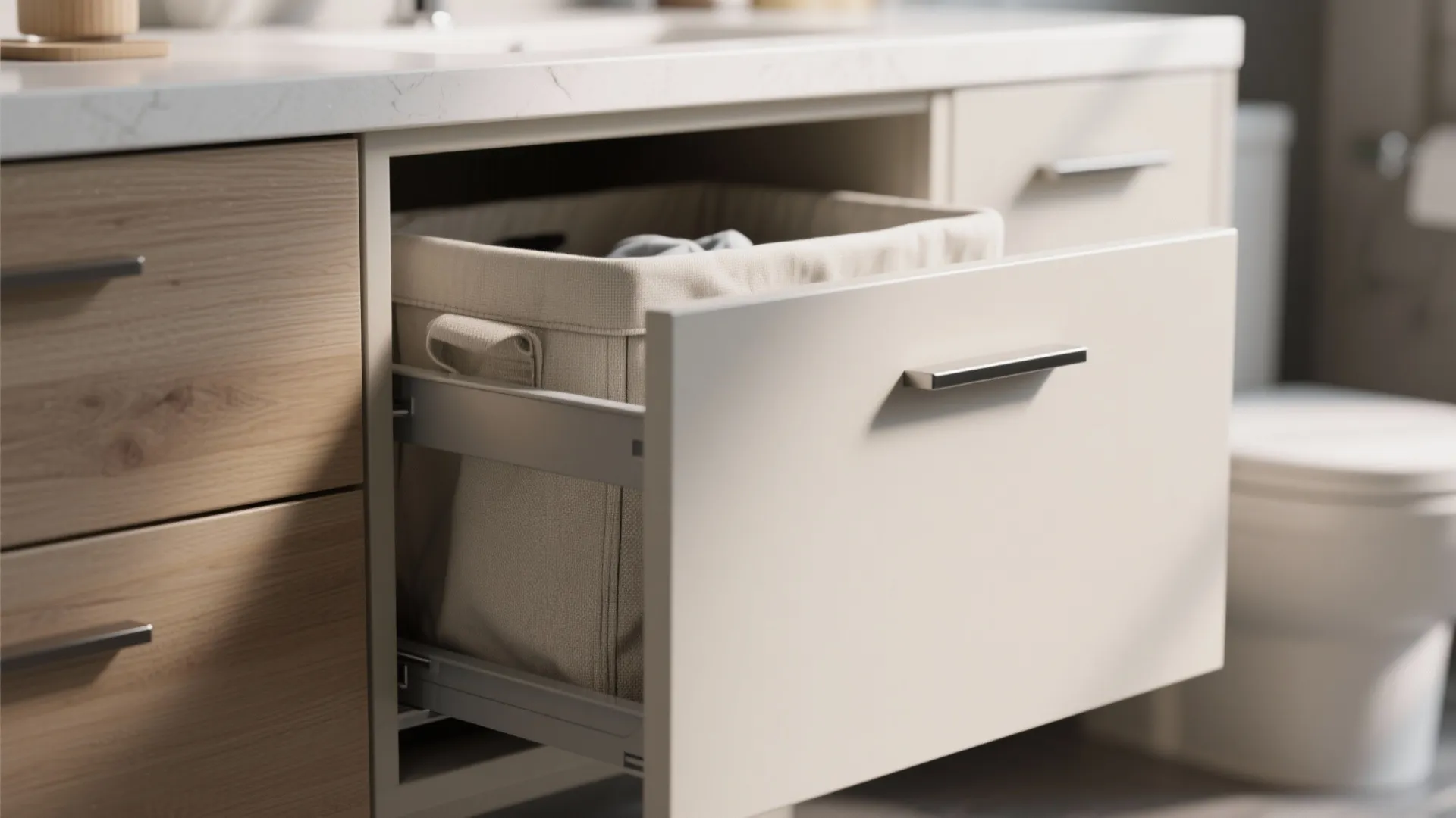 Open wooden cabinet drawer with a fabric laundry basket inside for clever bathroom storage organization