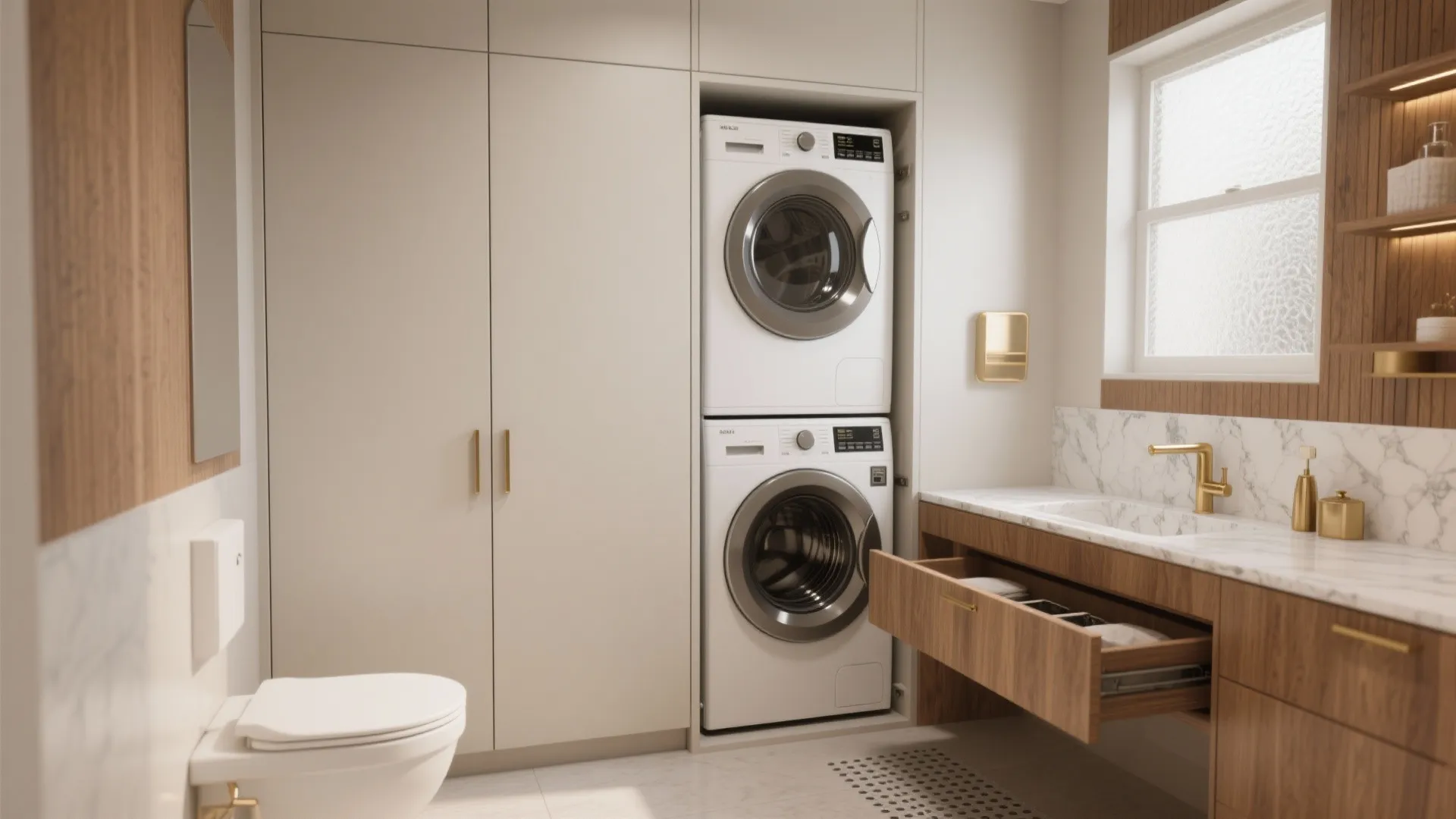 Bathroom interior featuring white stacked laundry machines next to a wooden vanity and white toilet