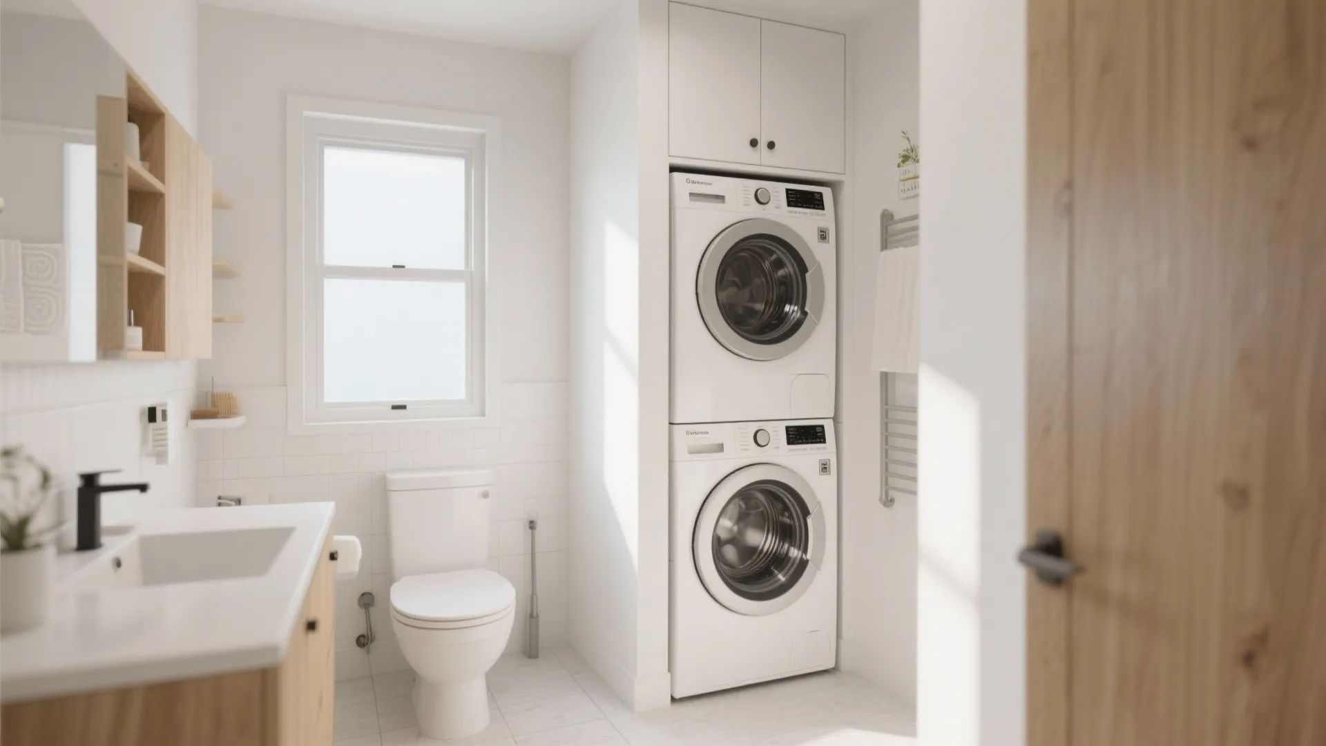An 8x8 bathroom with a tall cabinet hiding a washer-dryer