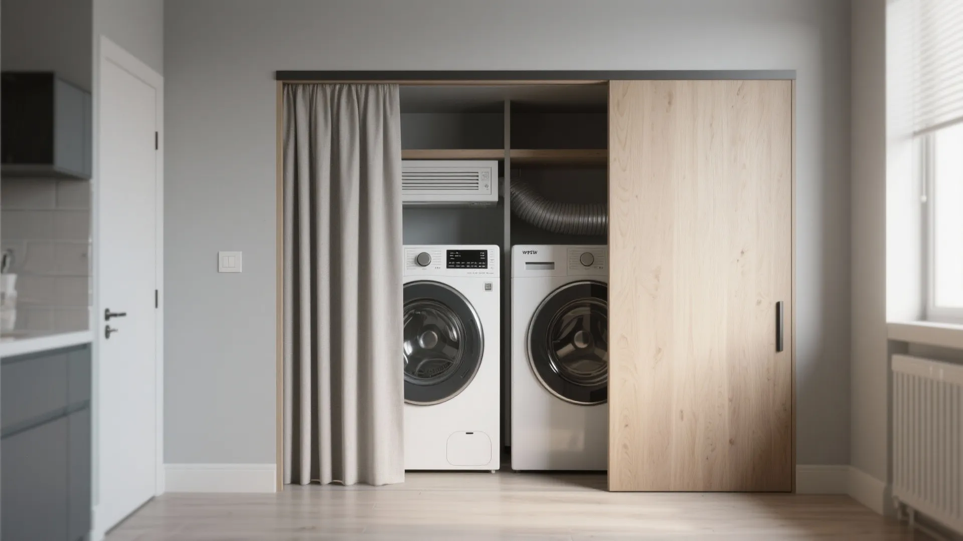 Laundry area hidden behind a sliding wood door and grey curtain in a modern apartment