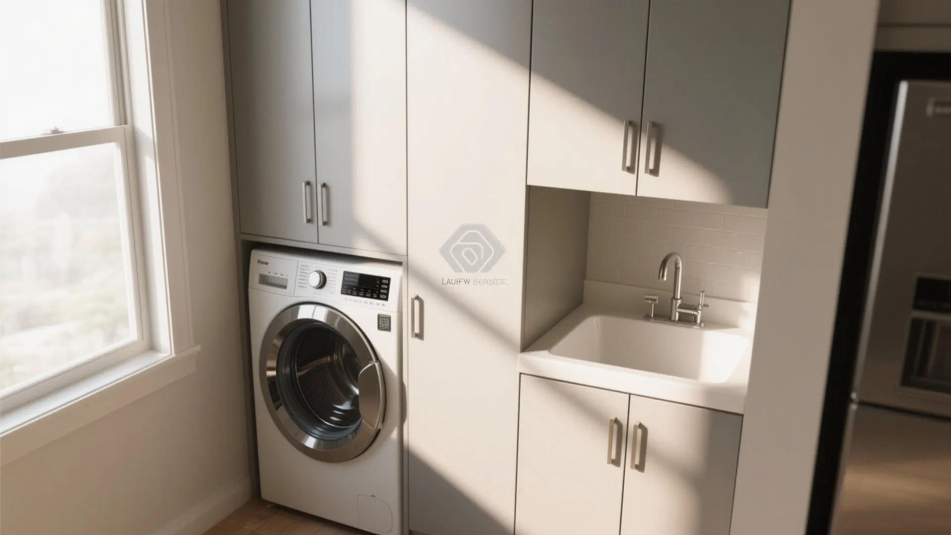 Modern laundry area with grey cabinets a built in washing machine and small white sink