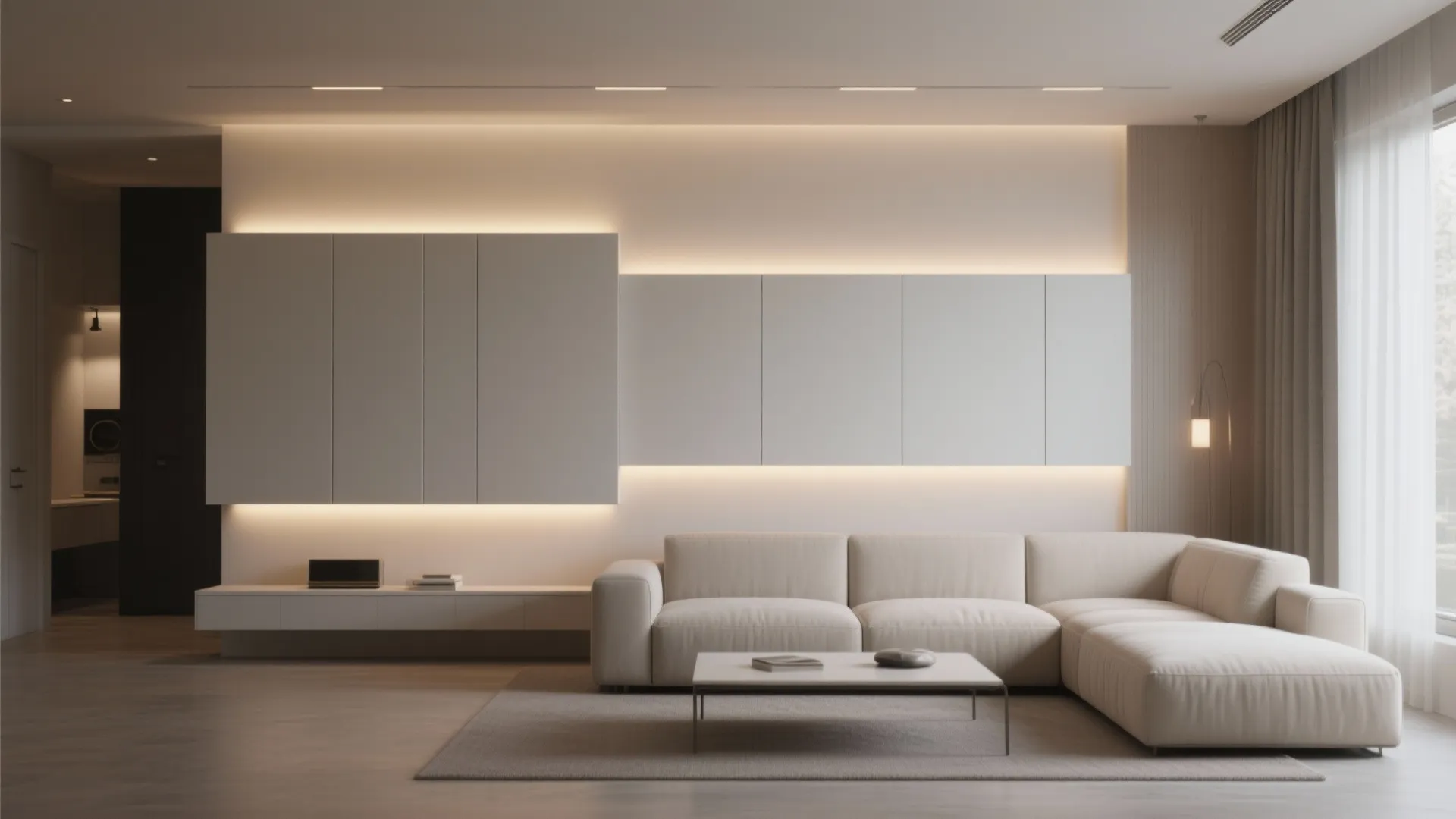 Living room wall with hidden LED strips behind panels