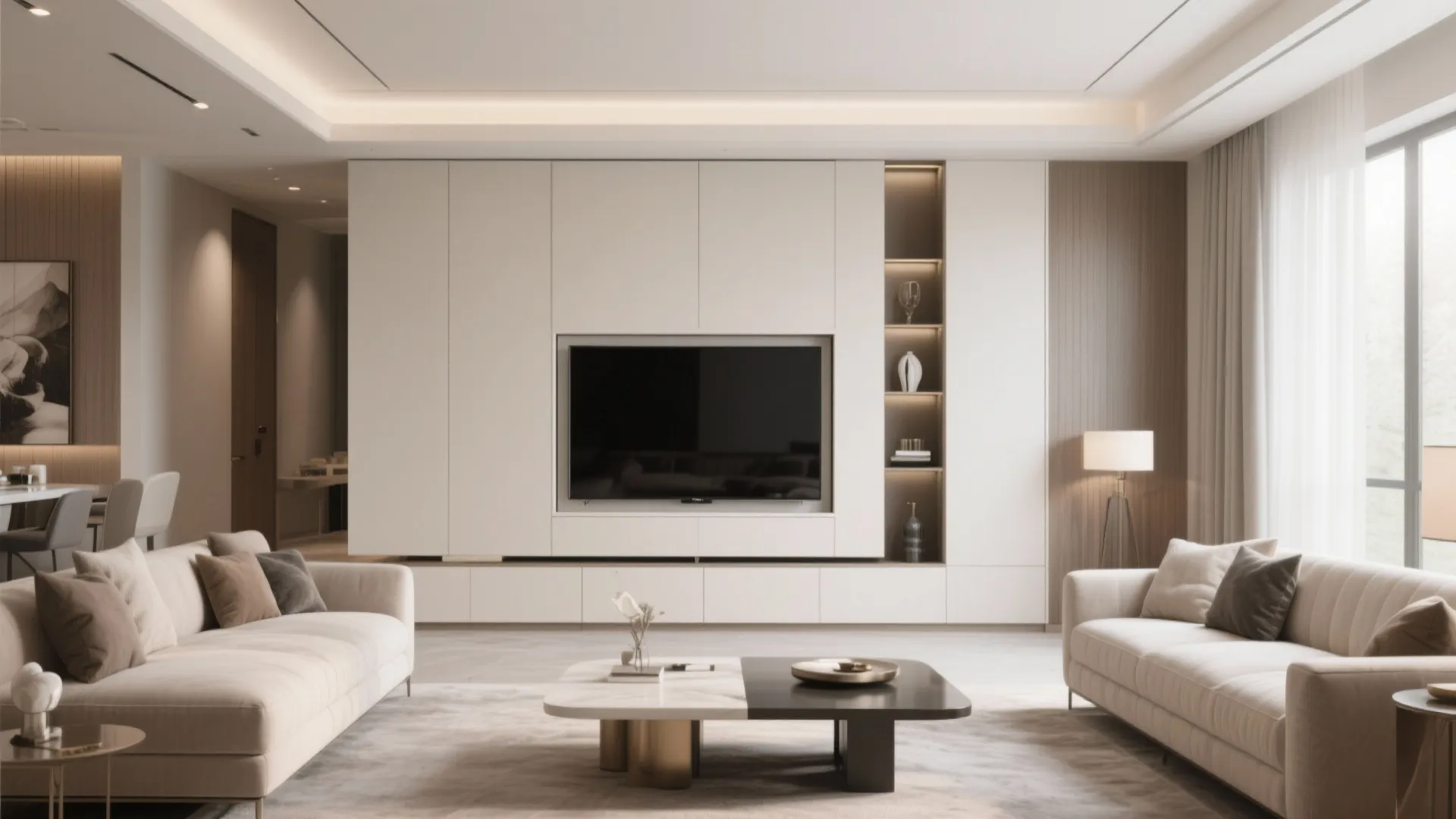 Modern living room with a hidden lift cabinet for the TV