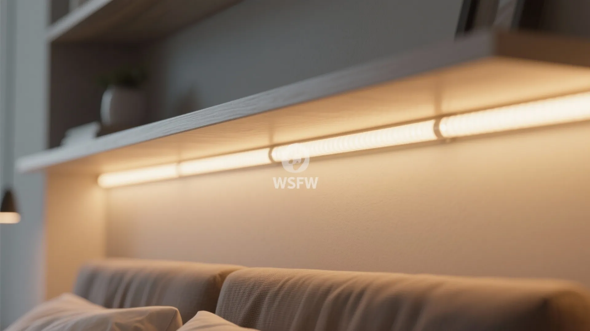 Warm light fixture installed under a wooden shelf providing soft illumination above a modern bed