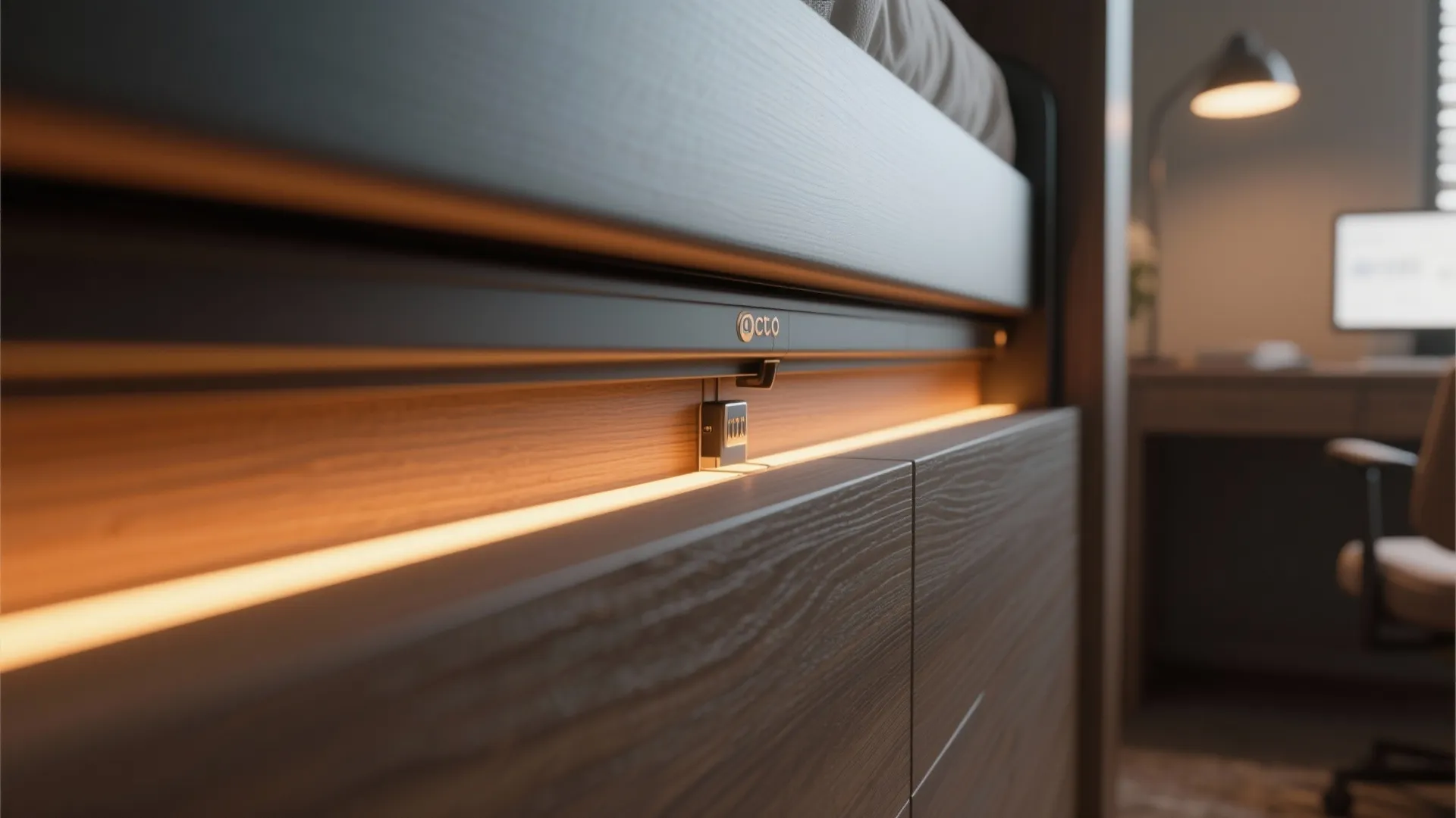 Close-up of hidden LED lighting strip behind Murphy bed frame