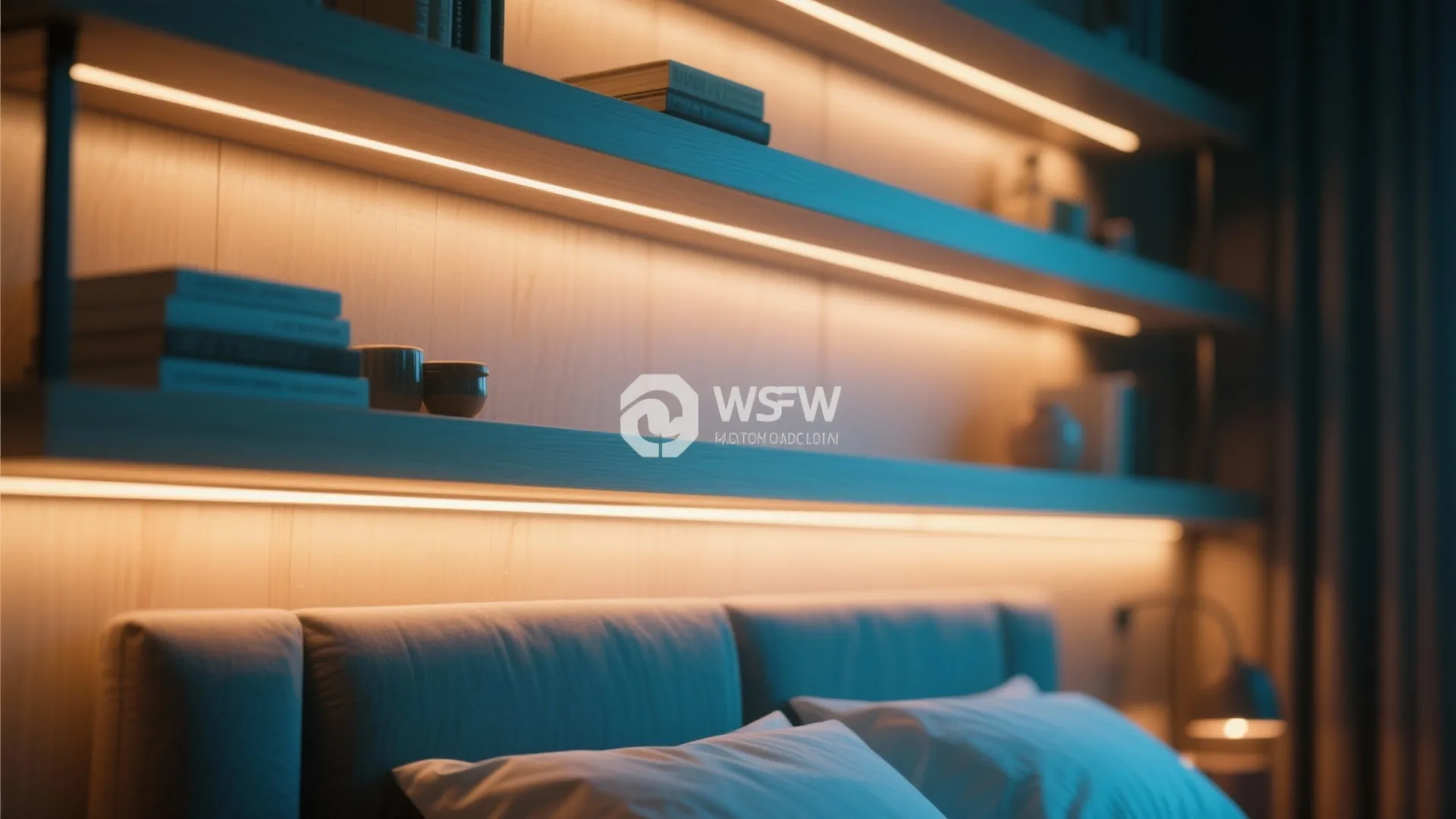 Bedroom with warm strip lights installed under wall shelves above a grey fabric bed headboard