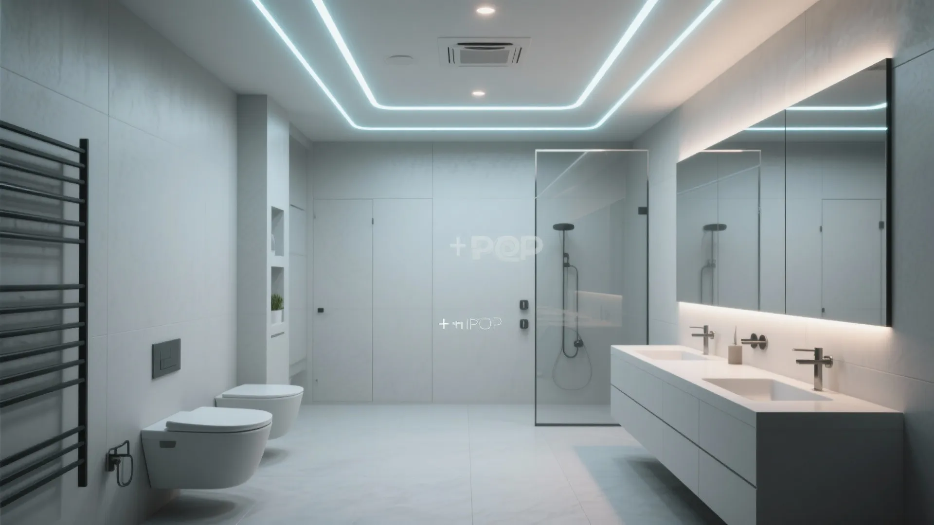 Modern white bathroom with recessed ceiling light strips toilet glass shower and large wall mirror