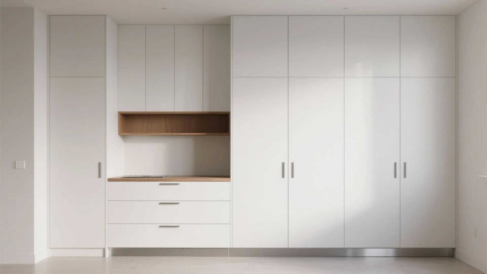 Minimalist white cabinet wall with integrated wood shelf and drawers for clean interior storage design