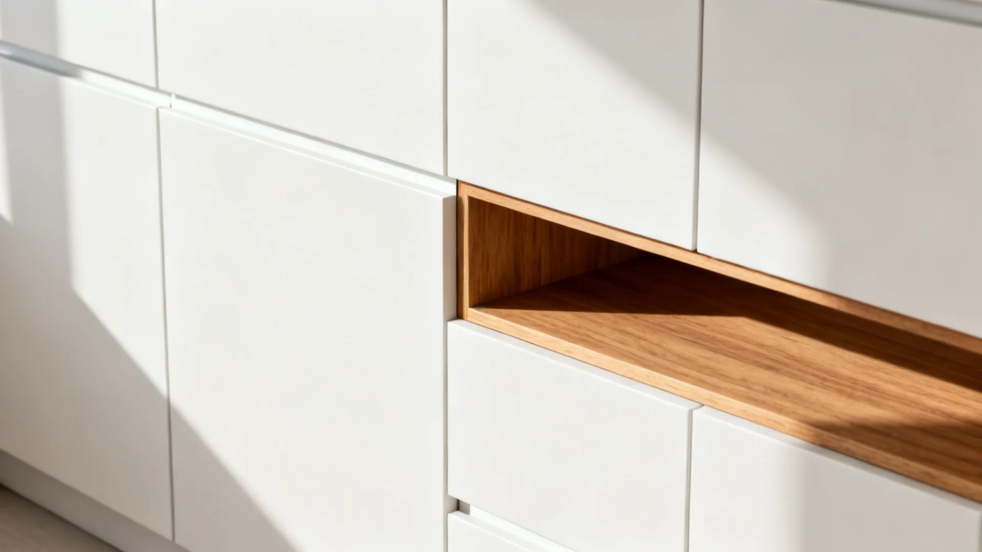 Macro of matte white handle-less cabinets with a slim oak shelf and crisp shadow lines.