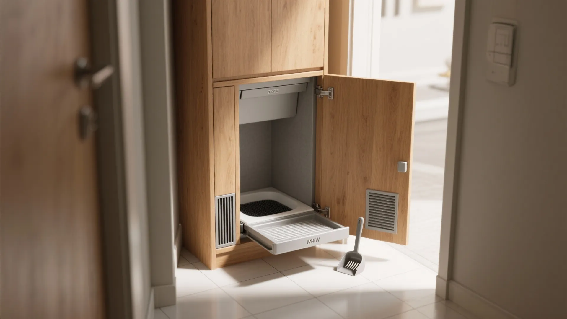 Open converted cabinet showing a hidden litter station with a slide-out tray and discreet vent.