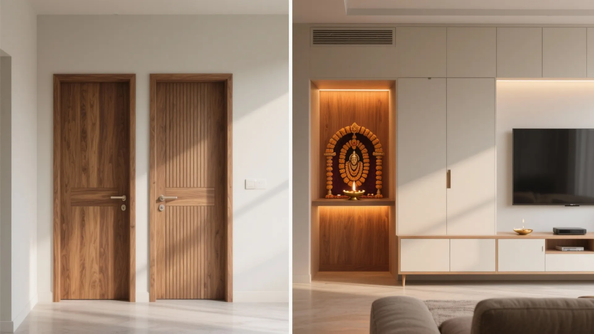 Minimalist Media Wall with Hidden Mandir Doors