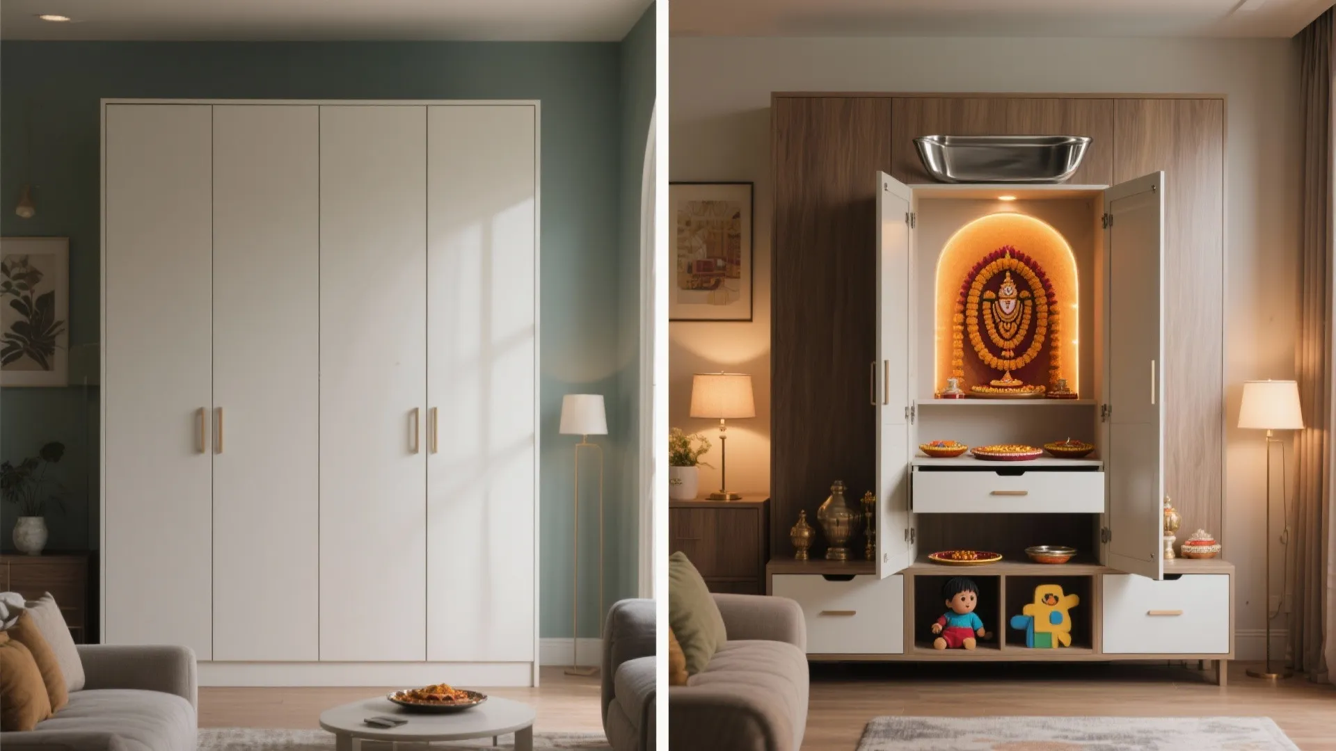 Before and after view of a white cabinet opening to reveal a hidden prayer altar