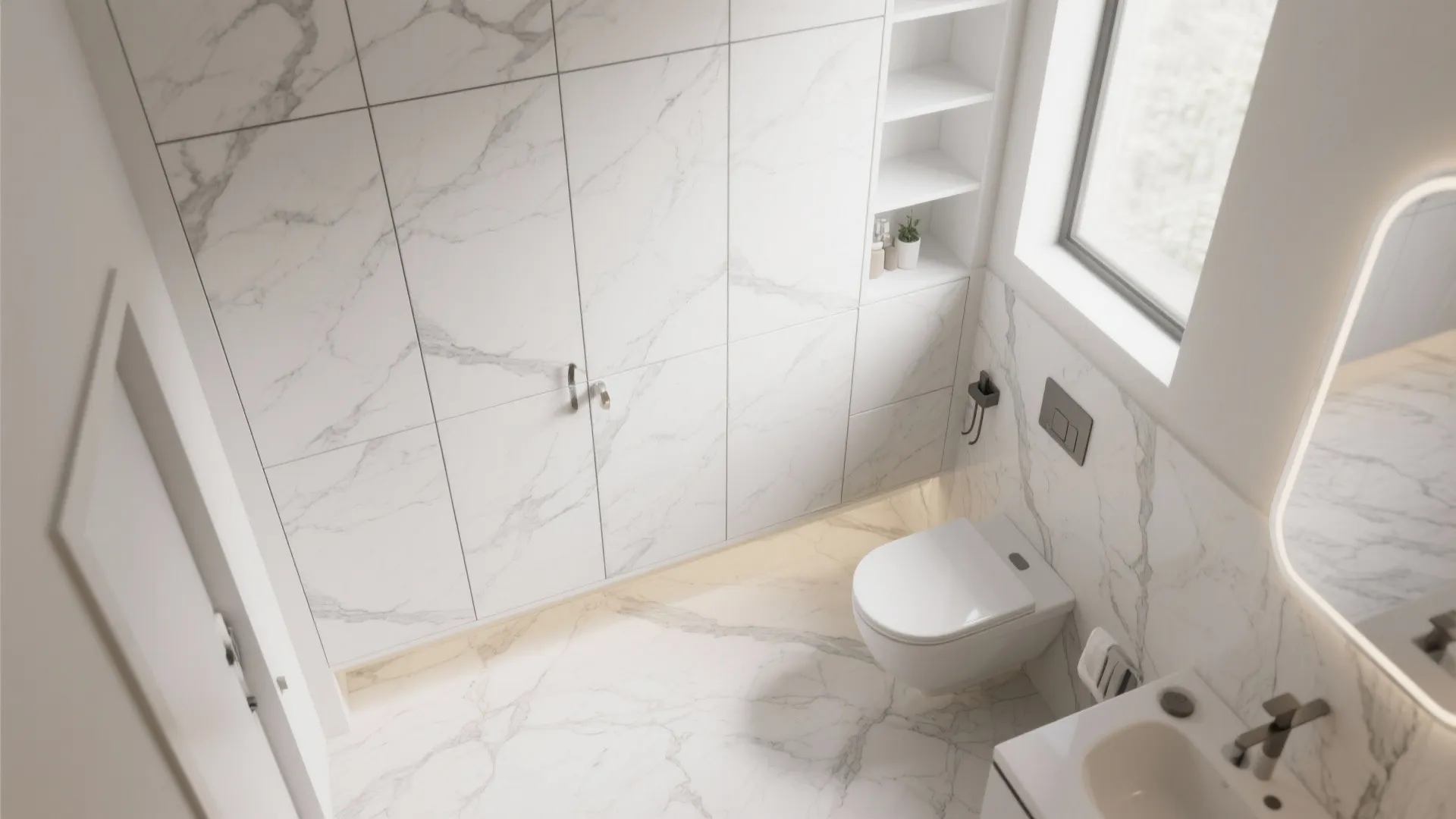 Top view marble bathroom with white wall toilet sink mirror and large marble wall cabinets