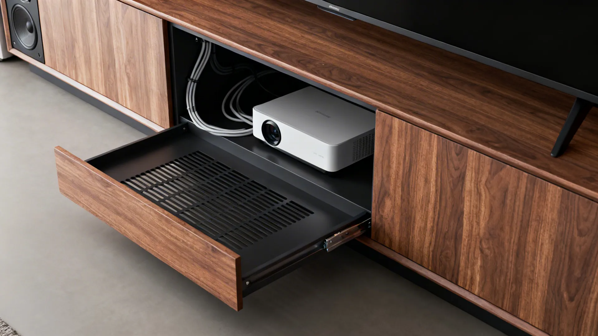 Custom media cabinet with ventilated hidden compartment for a projector and sliding tray.