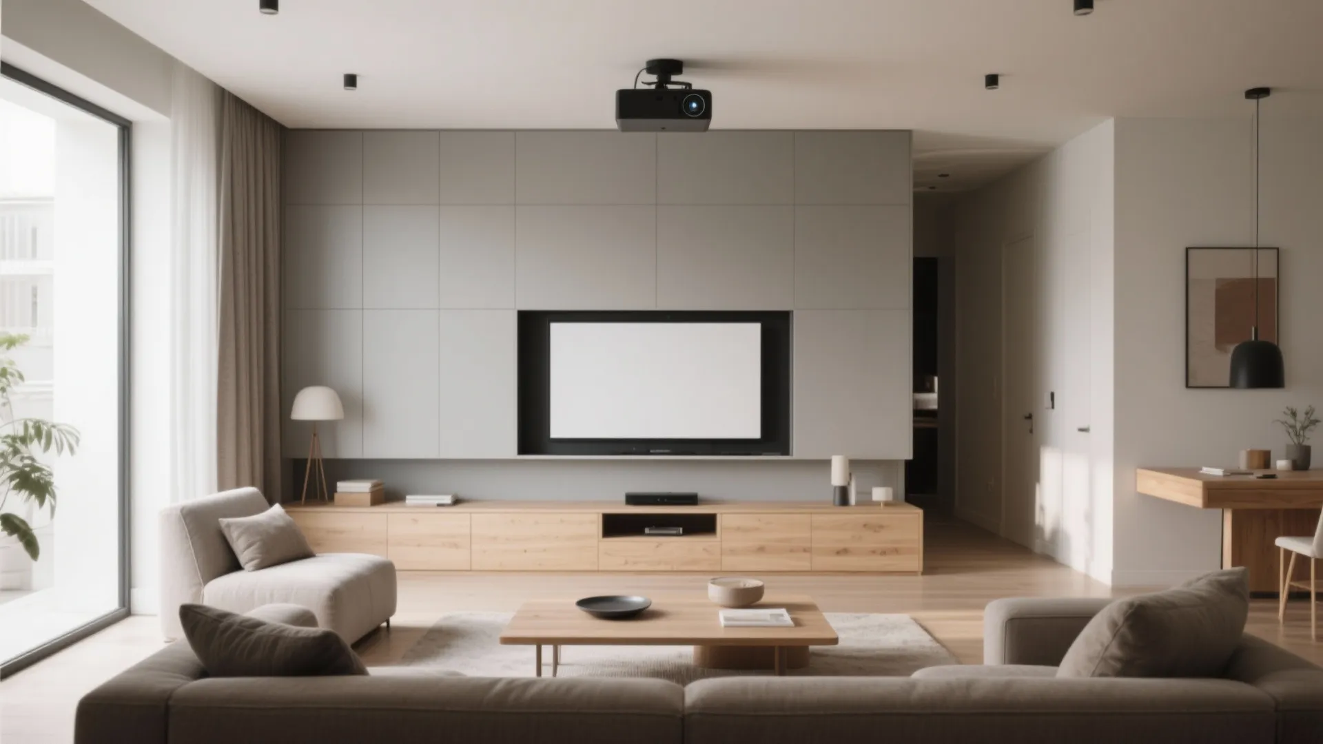 Small living room with a hidden projector inside a modern media console