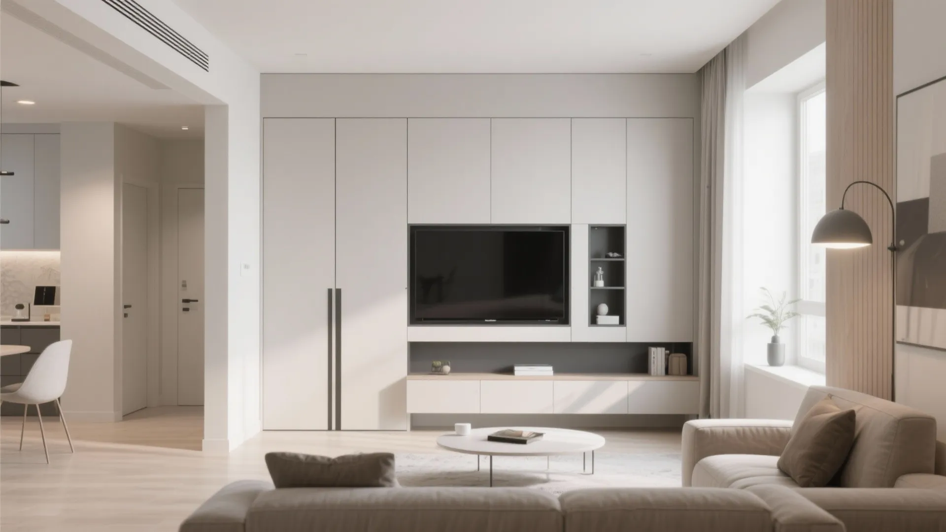 Modern living room with white wall cabinet integrated television set round coffee table and sofa