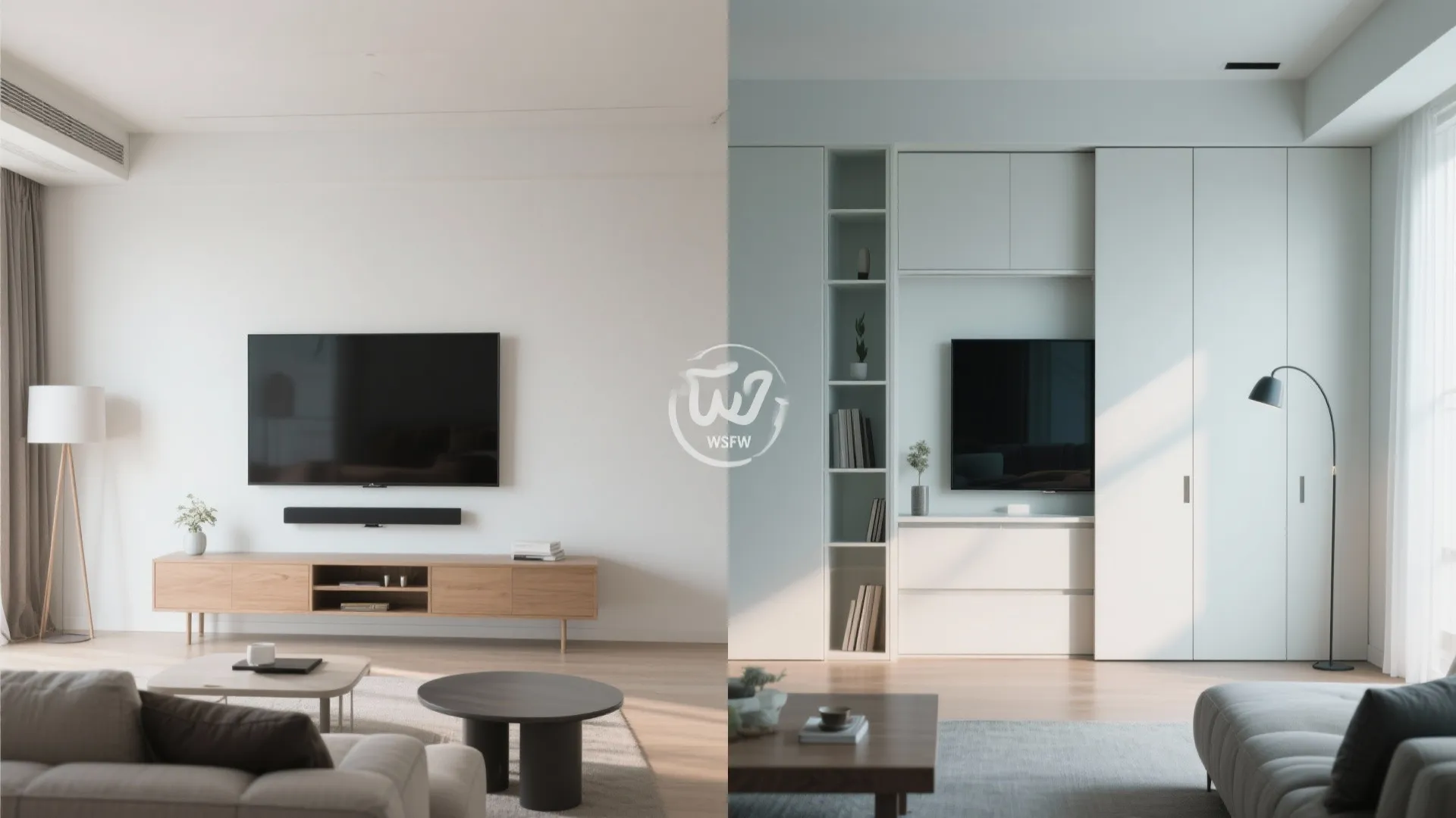 Side by side comparison showing a simple wooden cabinet versus built in white wall storage