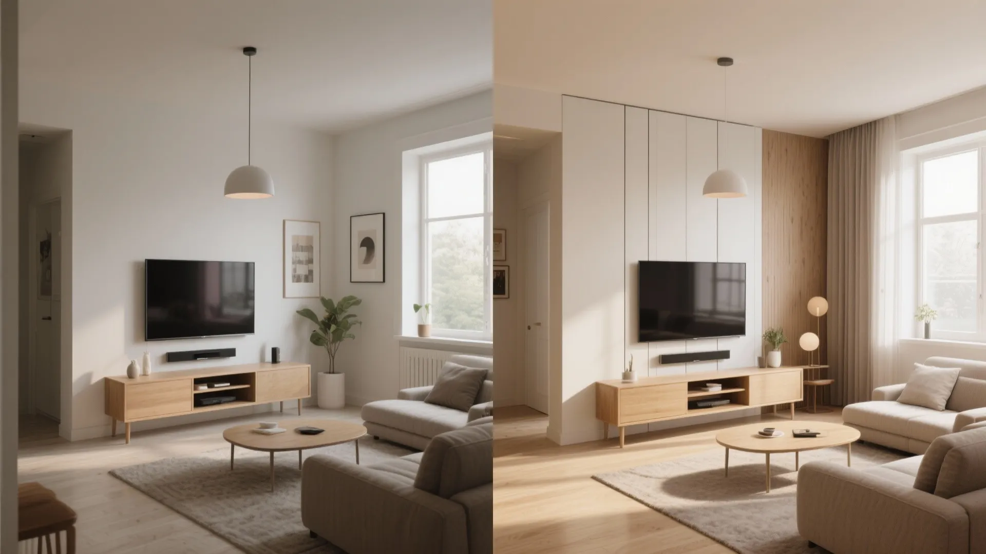 Before and after comparison of living room showing wall panel installation behind television and wood cabinet