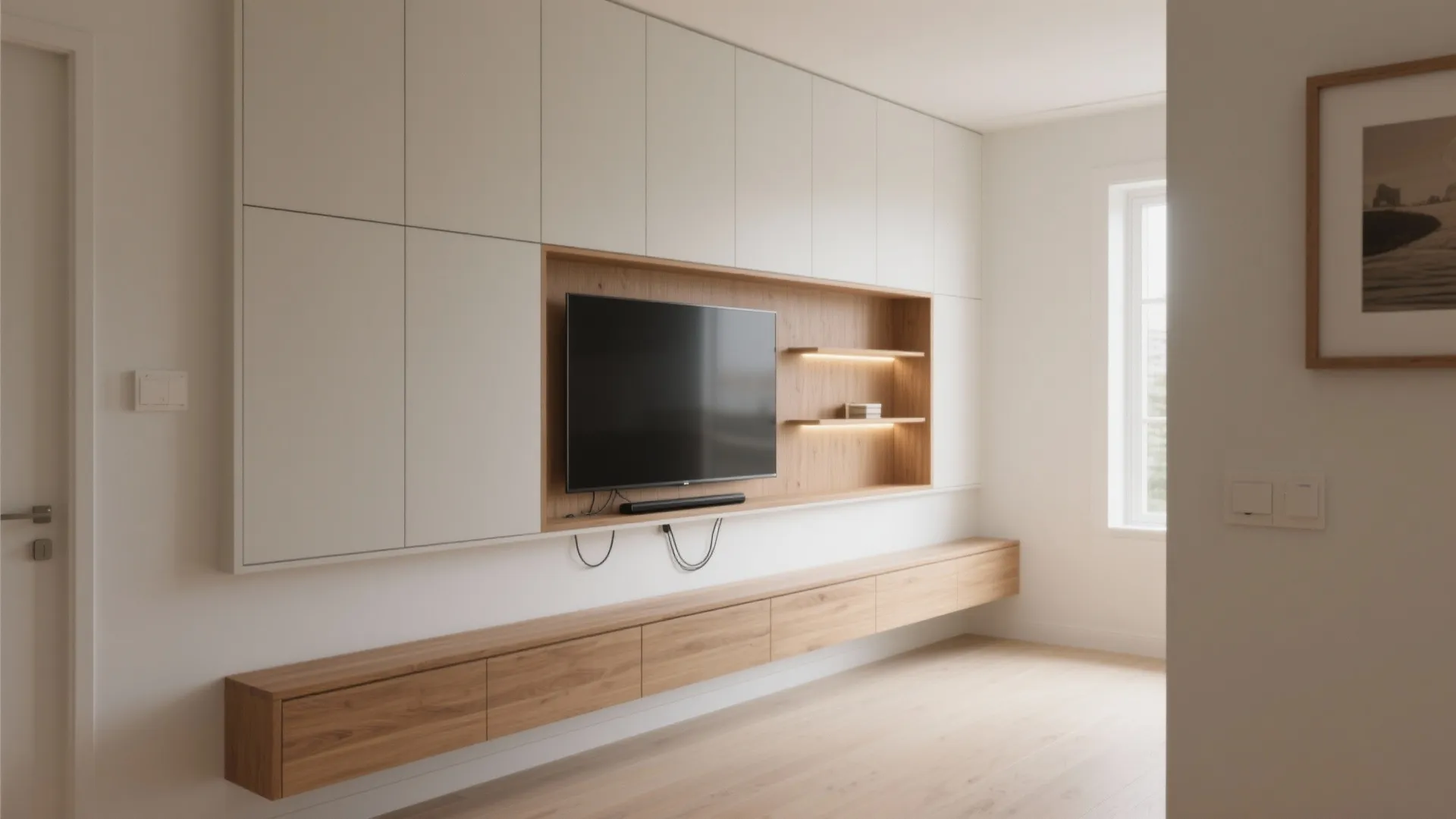 Minimal storage wall with hidden media