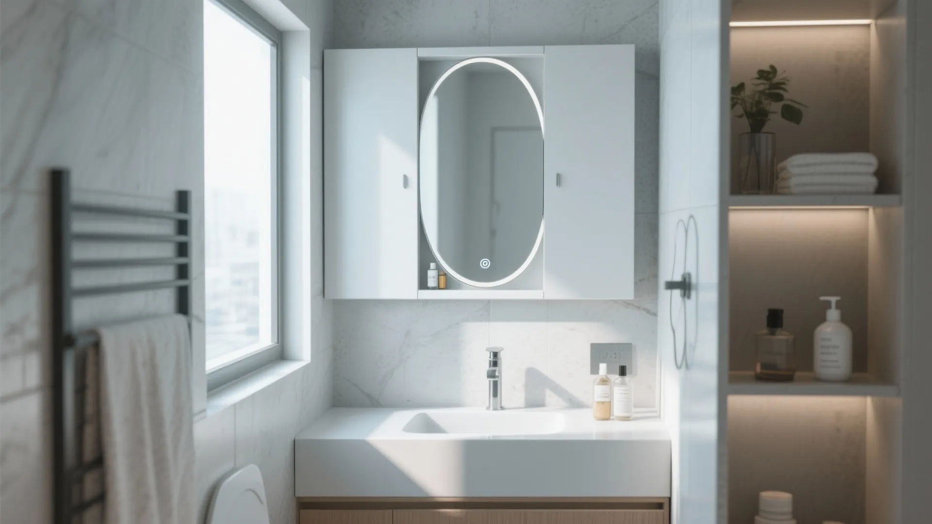 Small bathroom featuring white cabinet with oval lighted mirror white sink and shelves for storage items