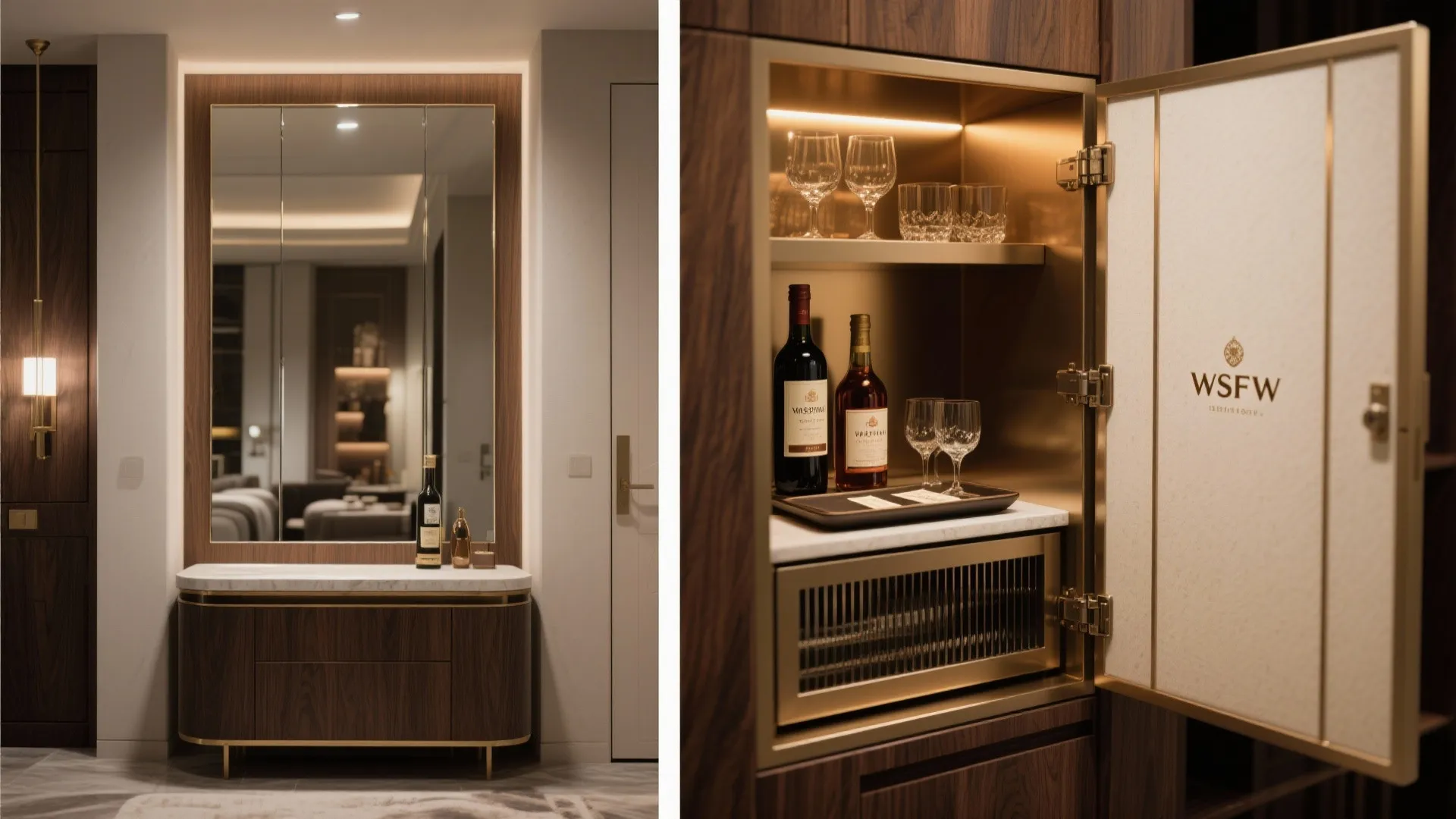 4. Hidden niches: mirror doors, sliding panels, and cabinet doors