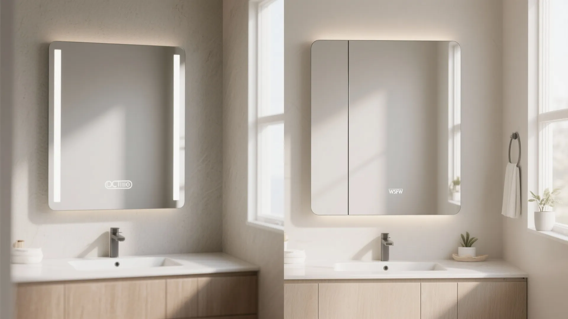 Side by side comparison of a simple wall mirror versus a hidden bathroom wall cabinet