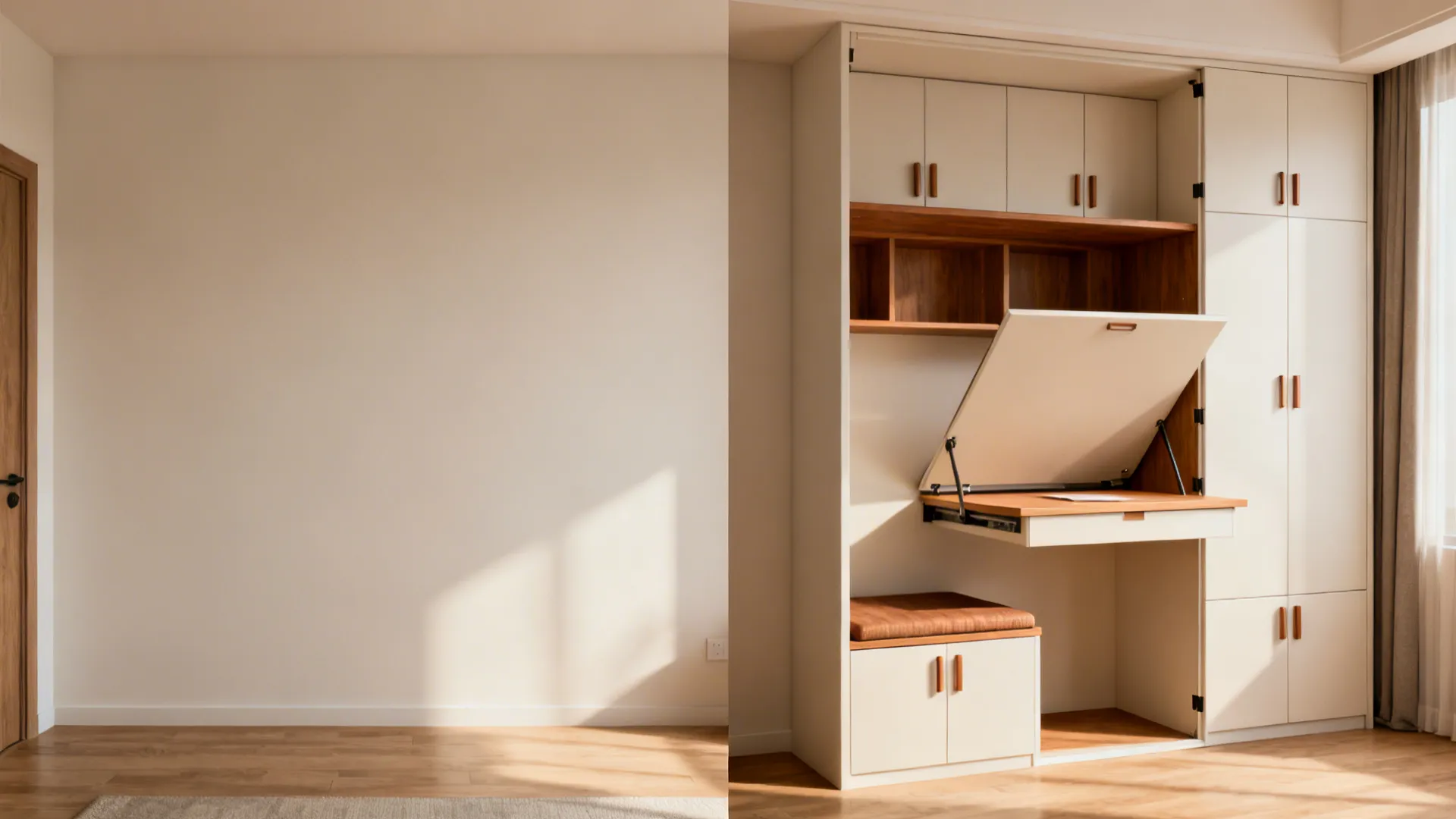 Before-and-after showing a wall transformed by a fold-down desk, bench and integrated storage in a small living room