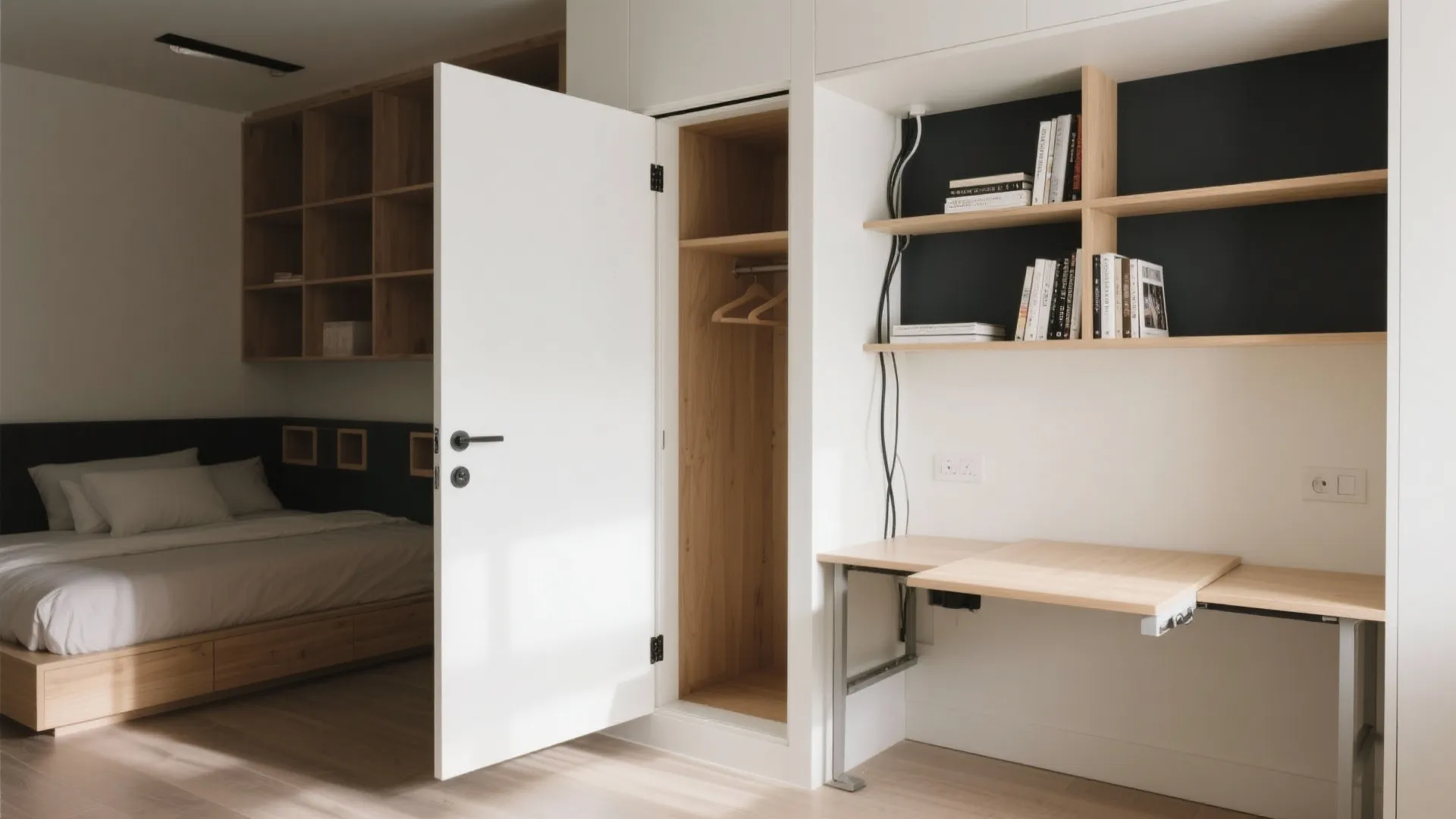 Hidden and multitasking shelves (doors, desks, headboards)