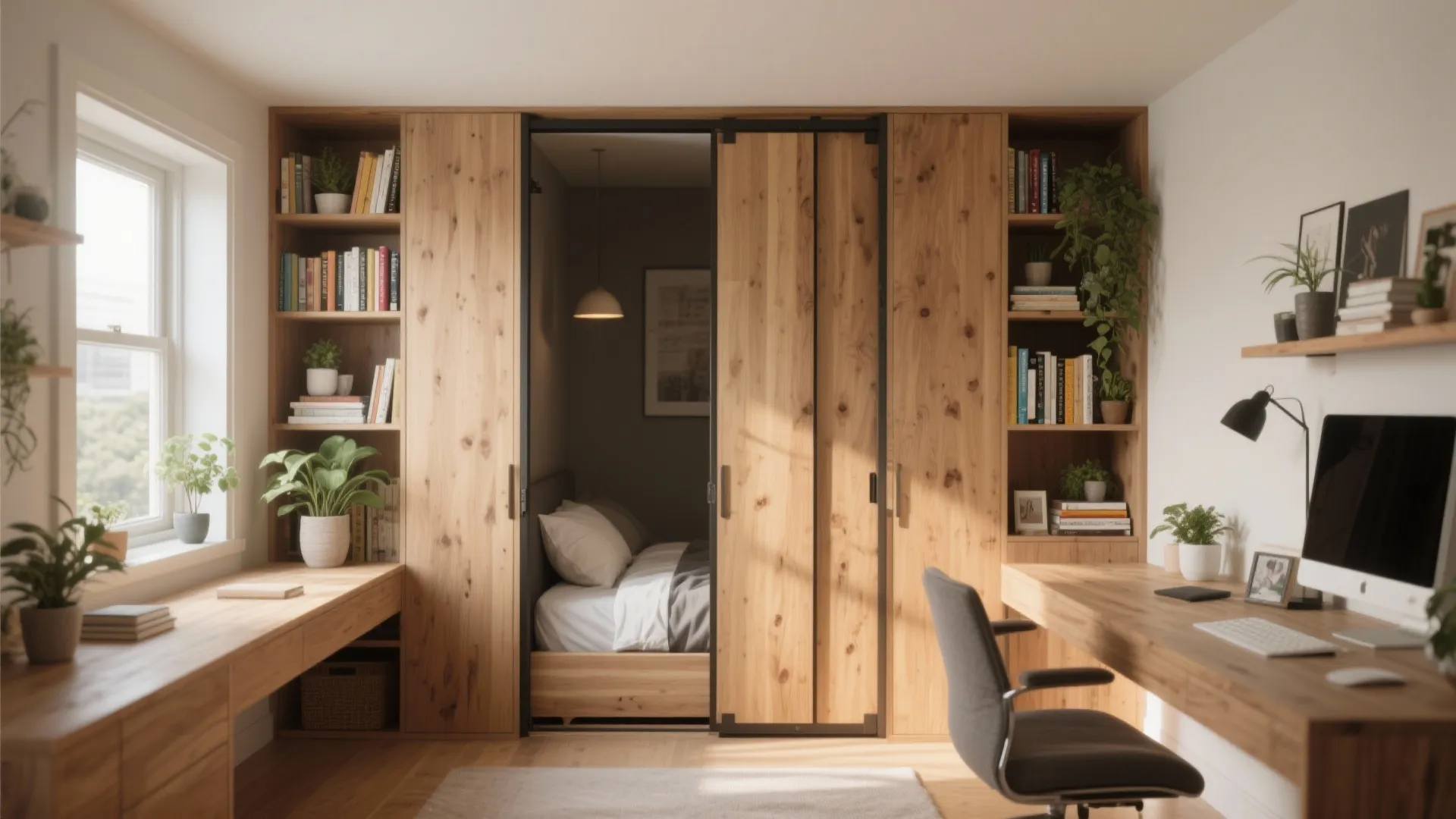 Hidden Murphy Bed Behind Sliding Panels