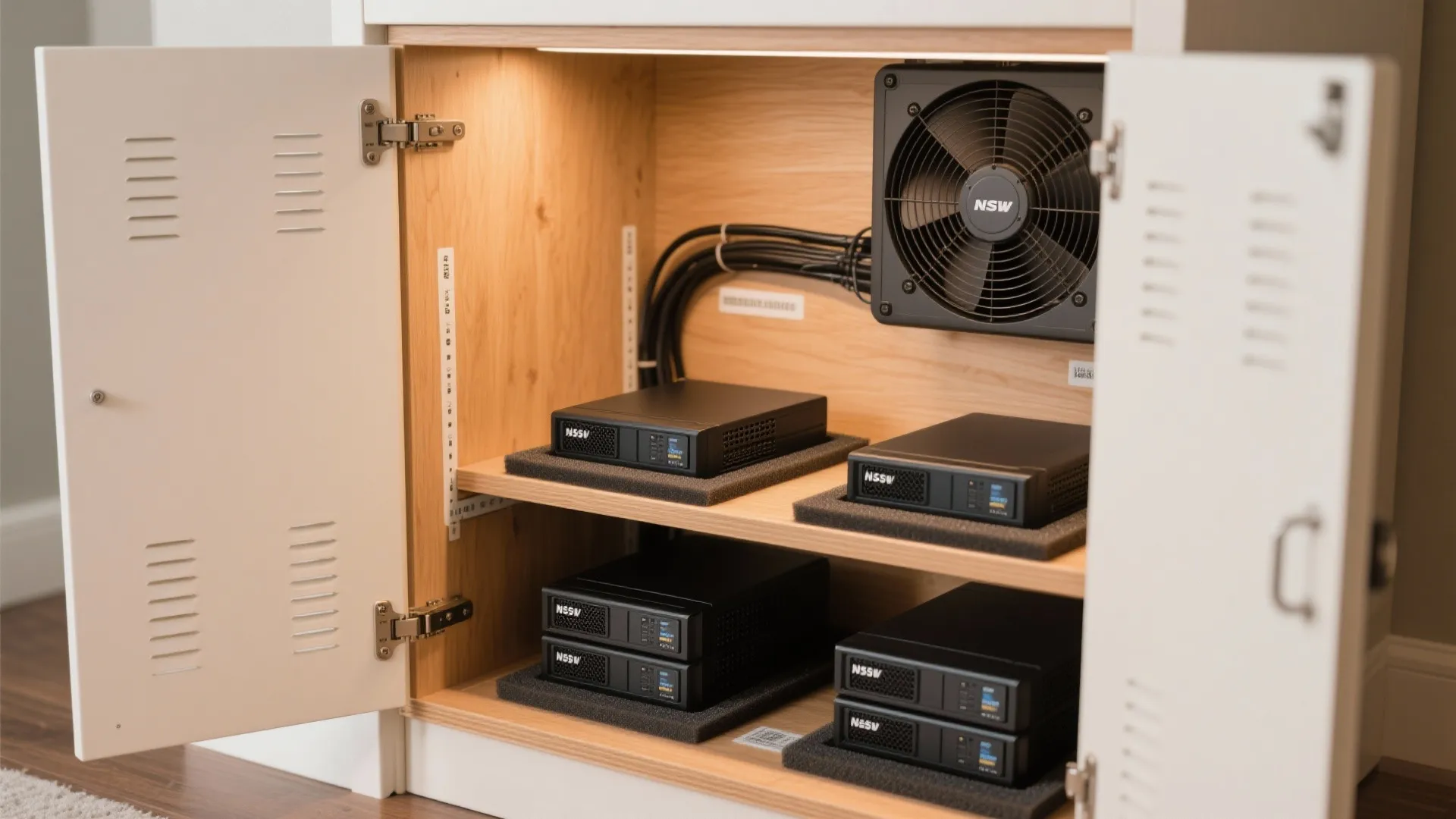 Open ventilated cabinet with passive vents, a small exhaust fan, foam trays and organized cables for a home NAS.