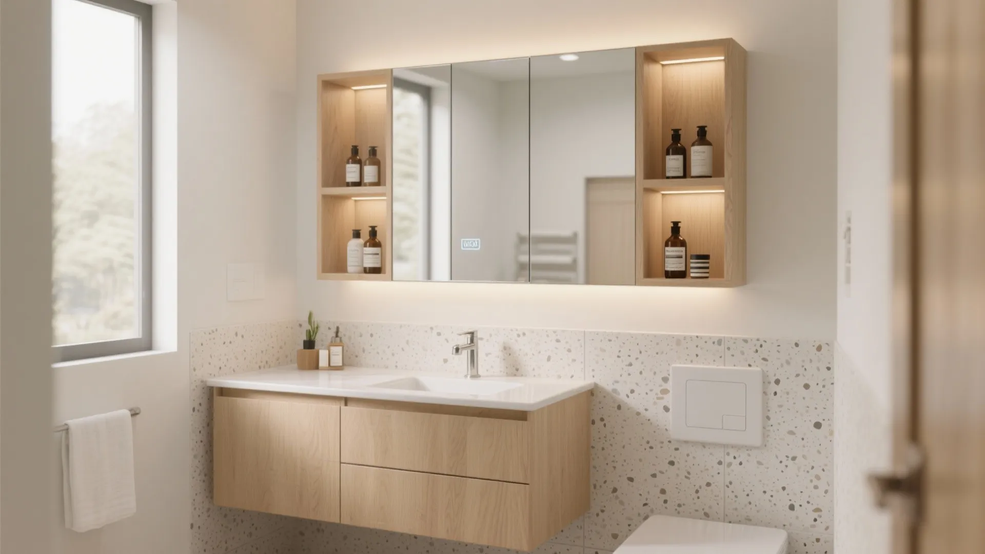 Modern bathroom interior design drawing with wood wall cabinet mirror and white sink on counter