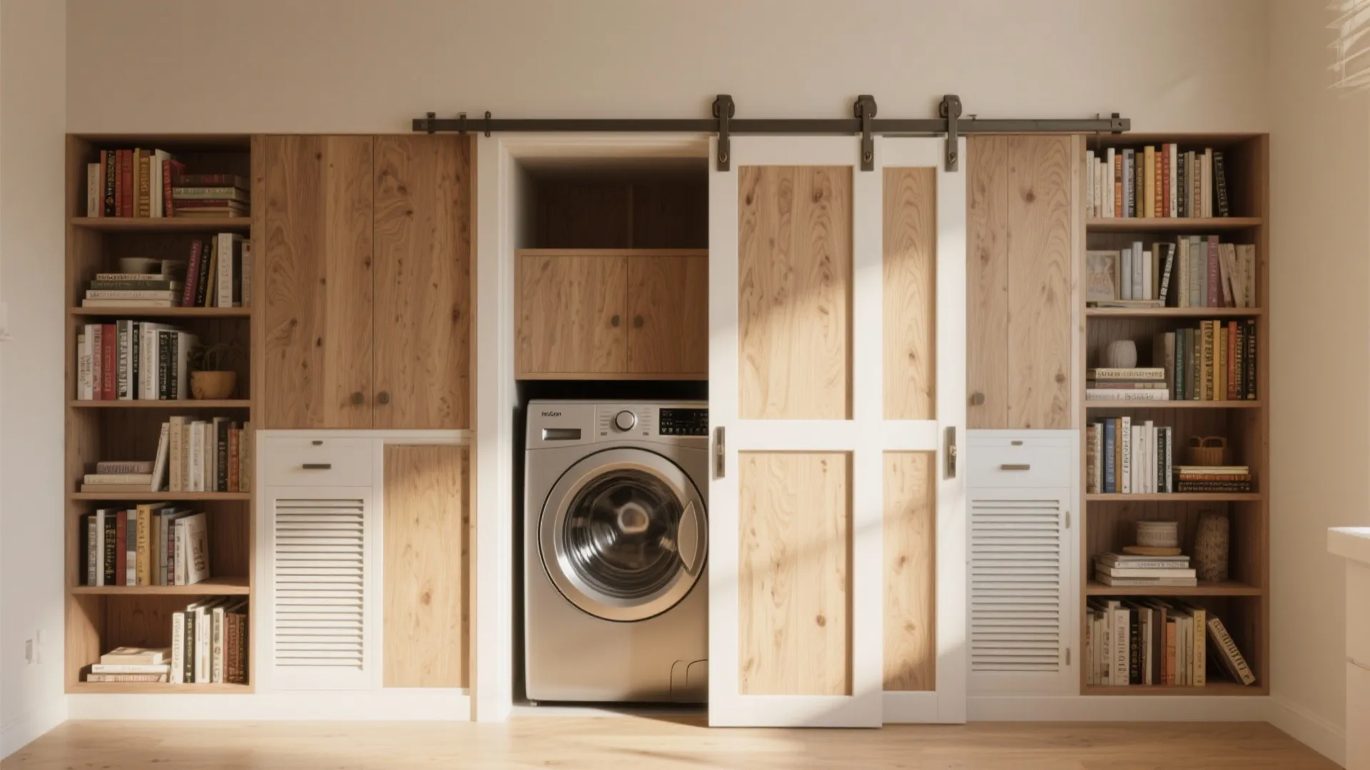 Hidden laundry nook revealed behind sliding bookshelf panels with a compact washer inside.