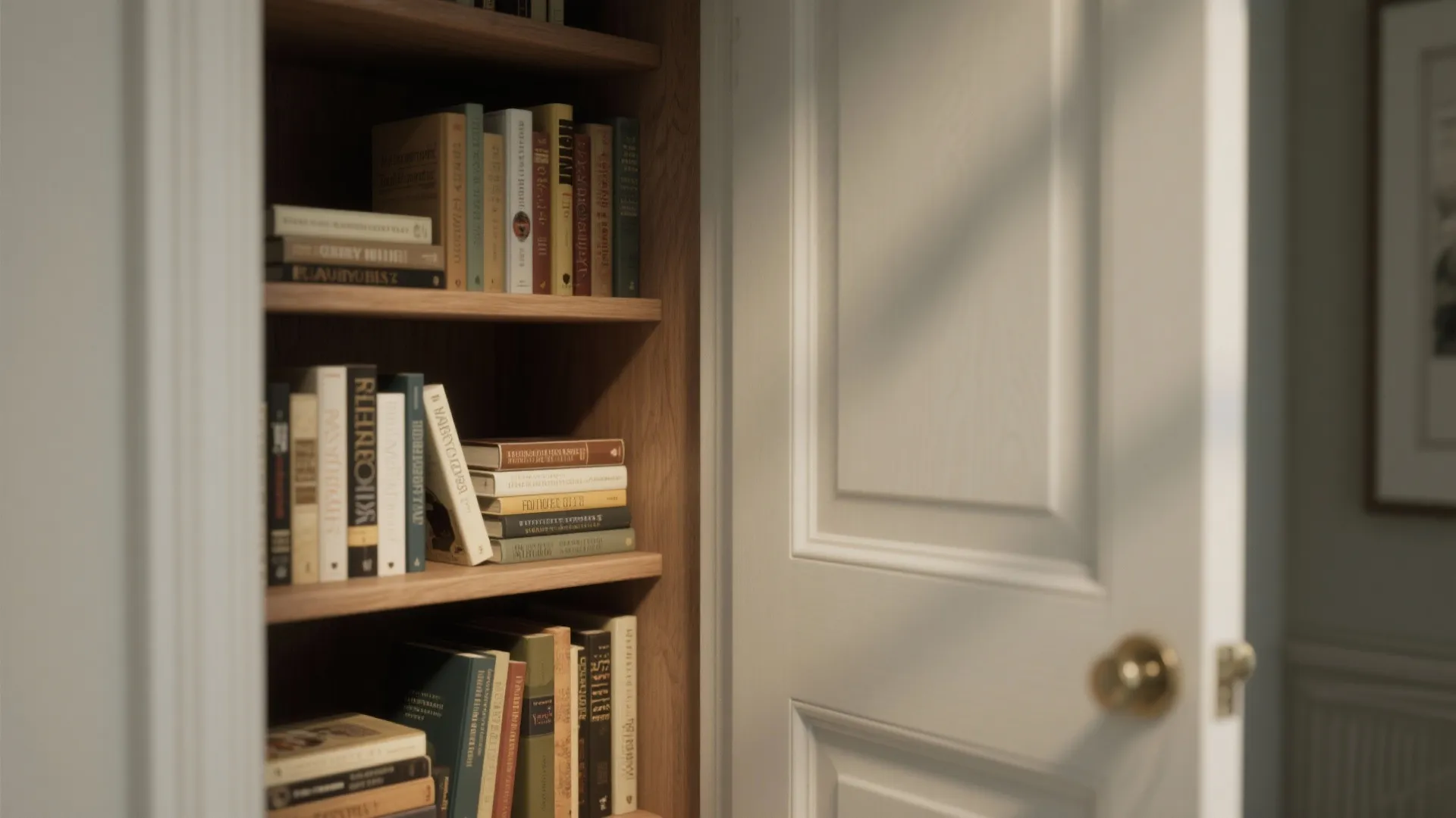 Wooden bookshelf filled with many books hidden behind a classic white door with gold handle