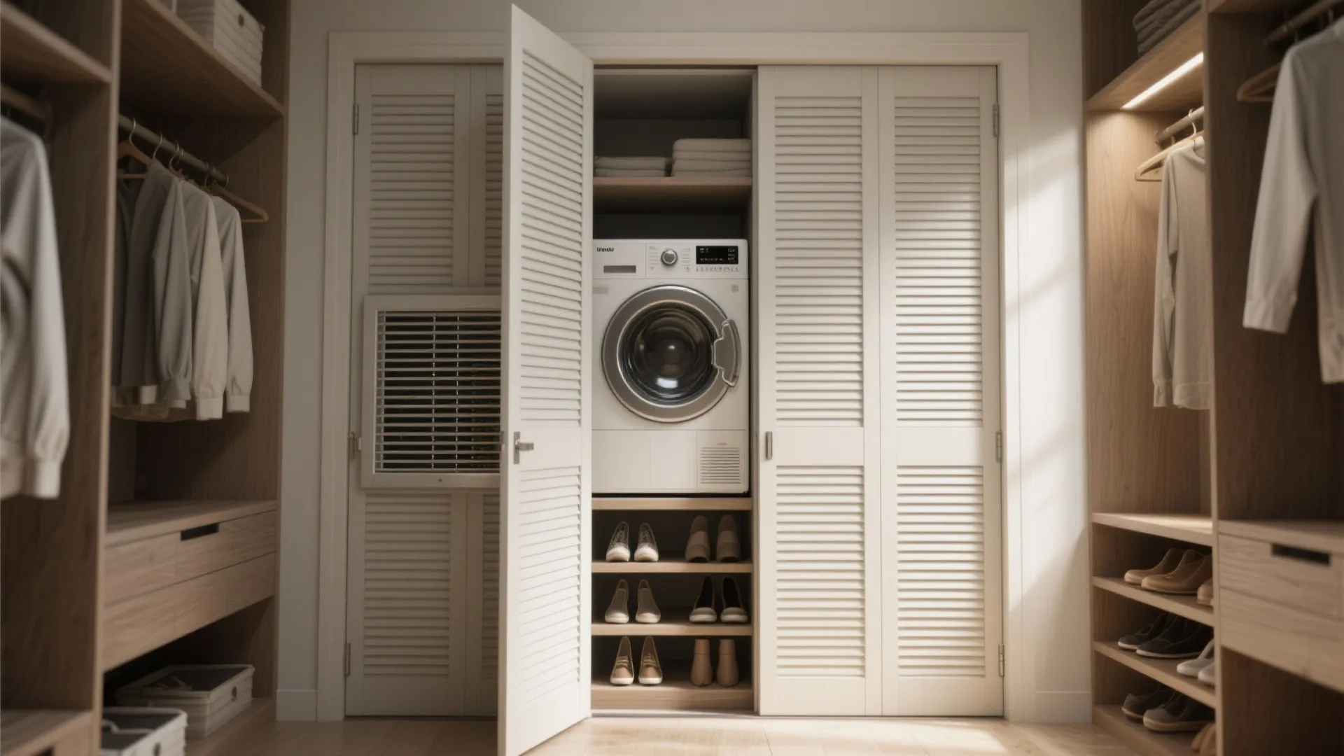 Walk in closet with white doors open to show washing machine and wooden shoe shelves