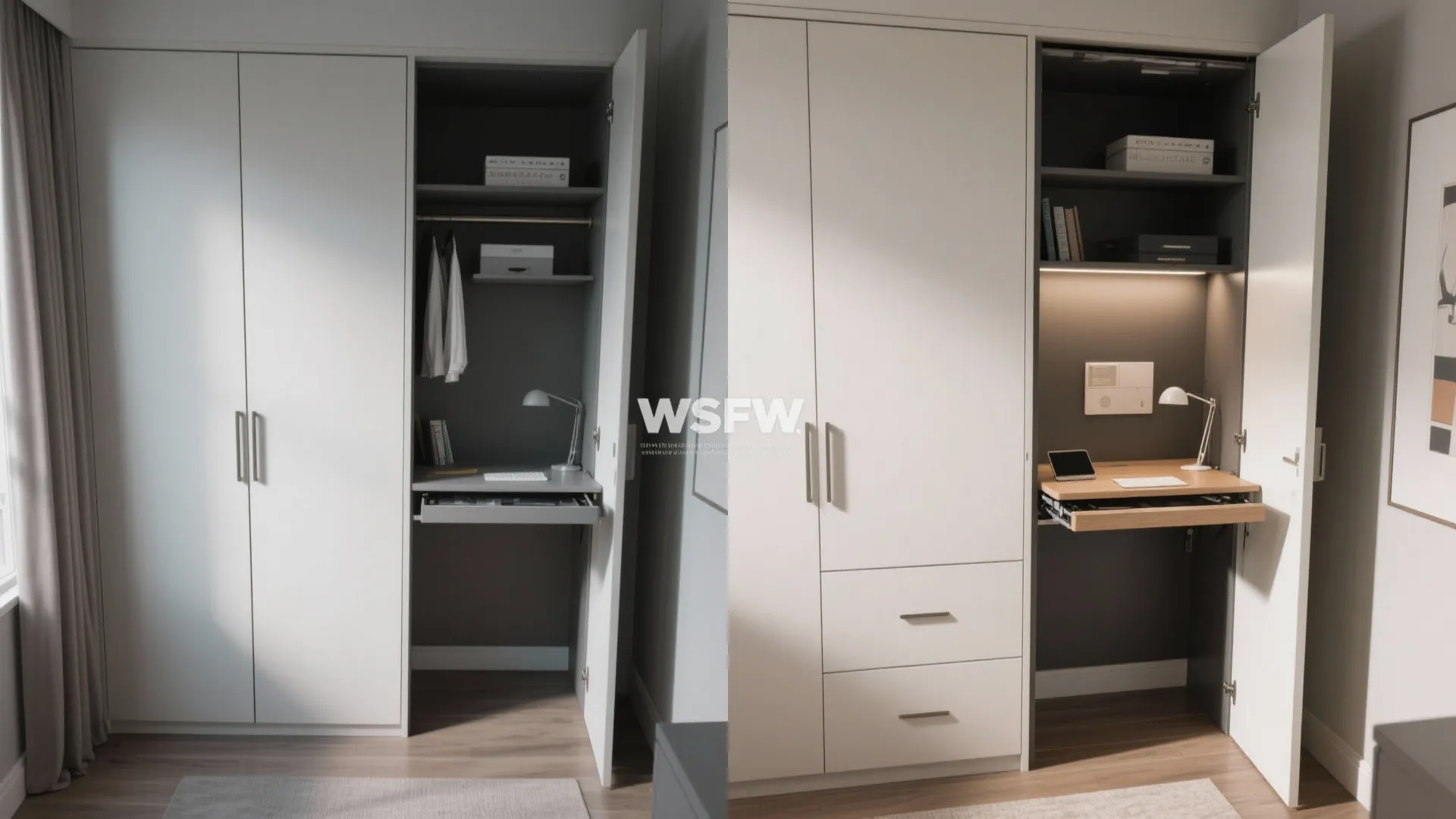 Comparison showing hidden home office desk inside white cabinet with pull out wooden work surface