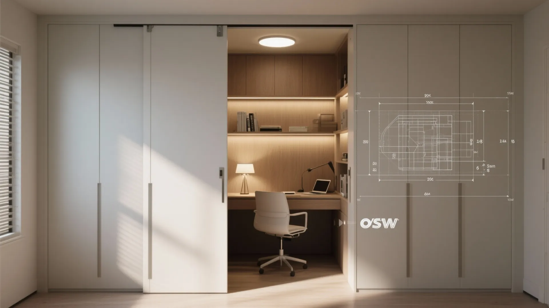 Modern white sliding doors opening to reveal a hidden home office desk with warm lighting