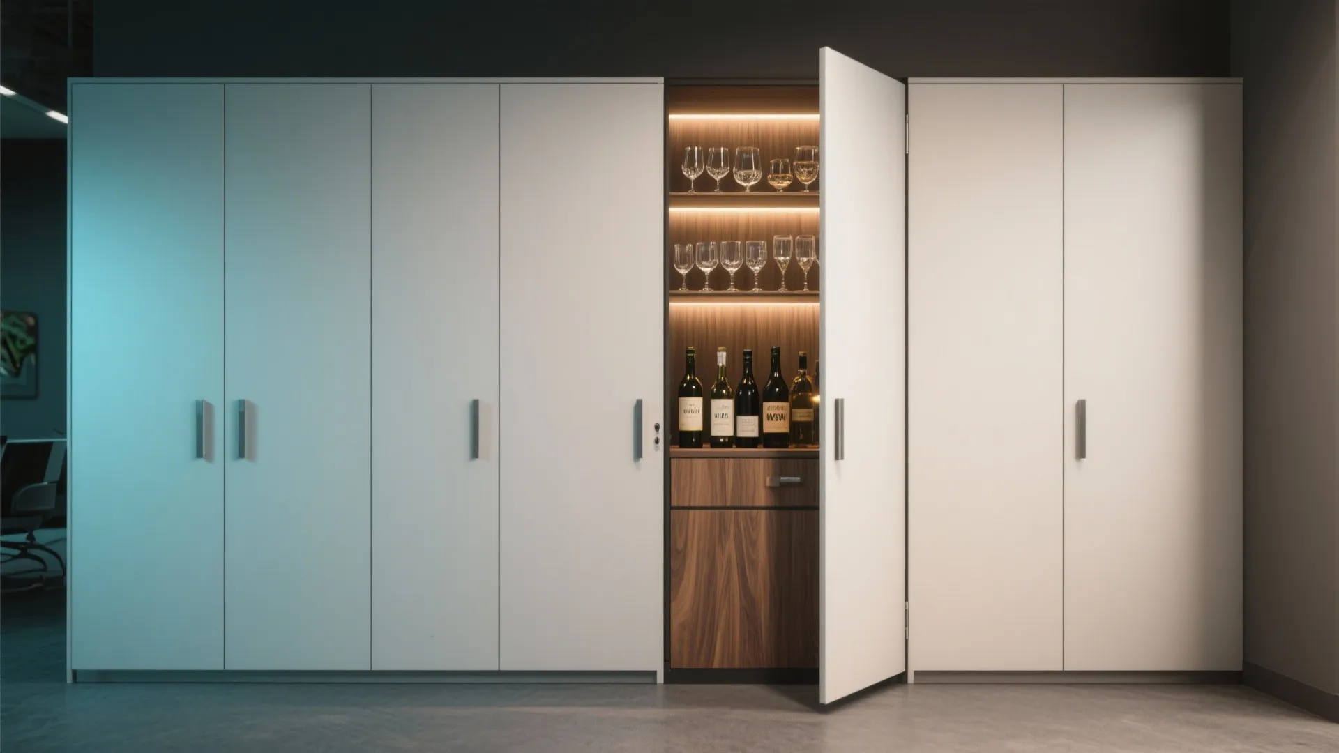 Tall white storage cabinet with one open door revealing a wooden bar with wine bottles