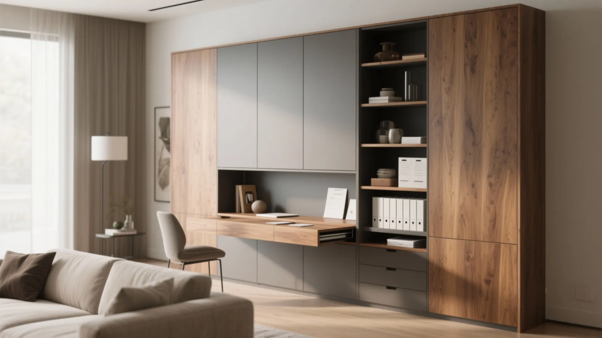 Large grey and wood wall cabinet with functional pull out desk for a hidden workspace