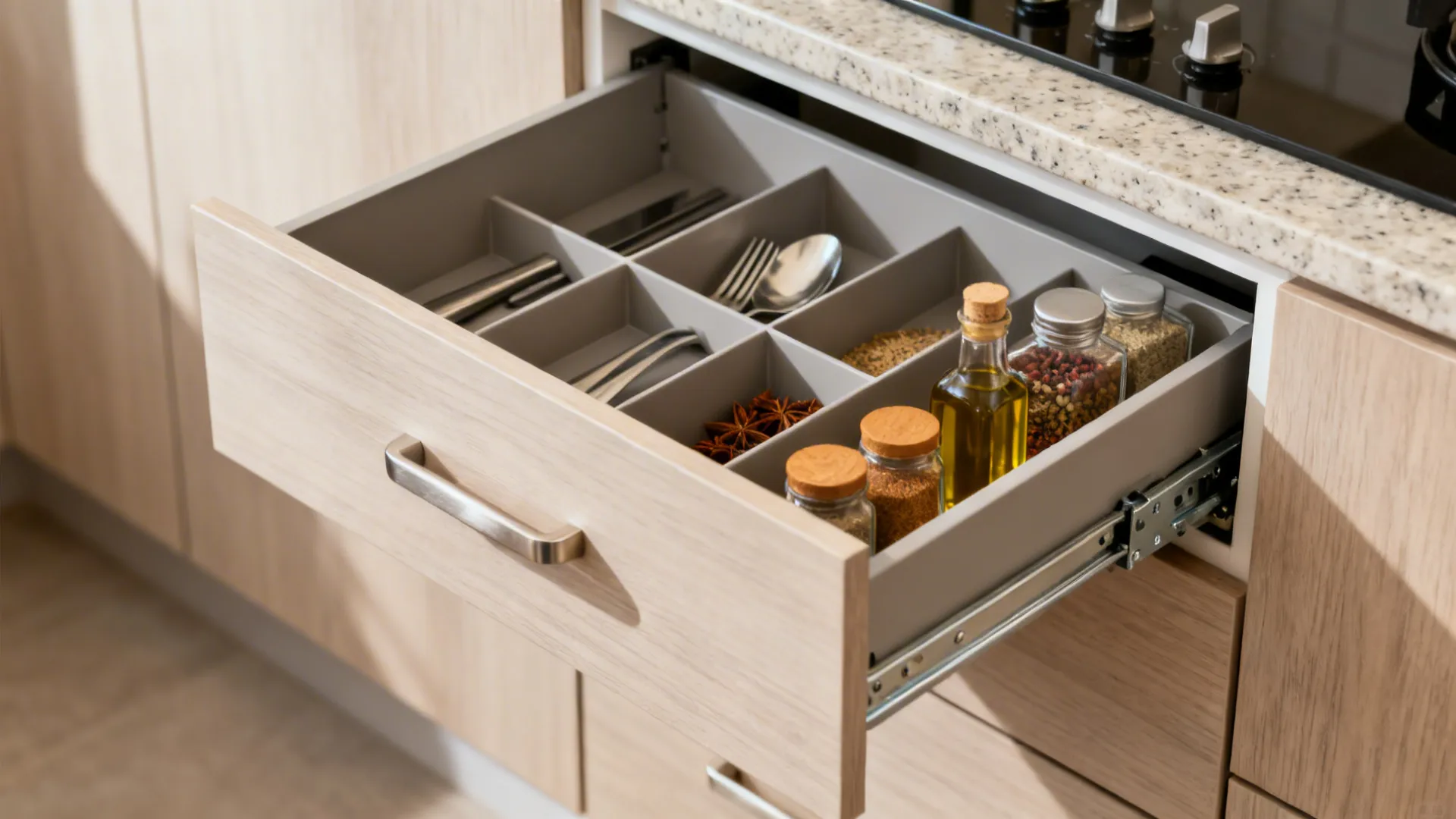 Close-up of modular kitchen drawers with dividers, slim pull-out for oils, and toe-kick storage.