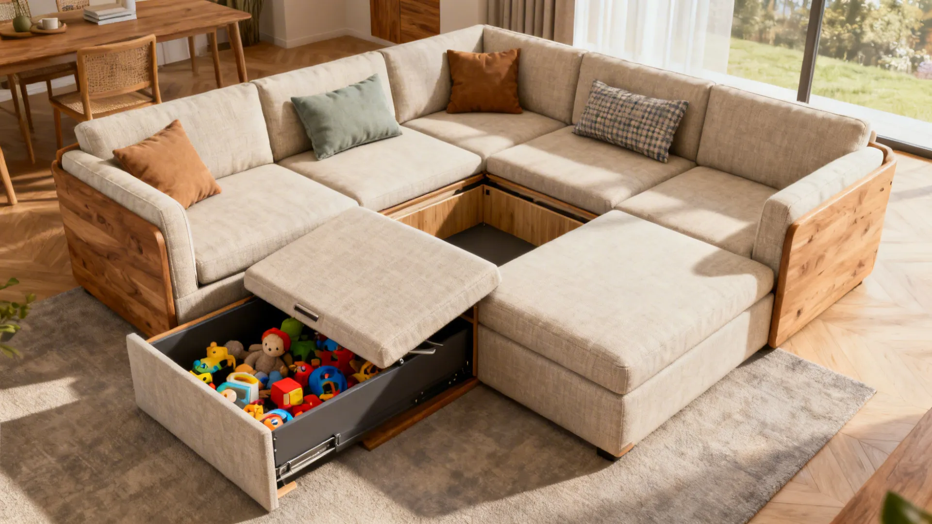 Large beige sectional sofa with a hidden pull out drawer used for storing various children toys