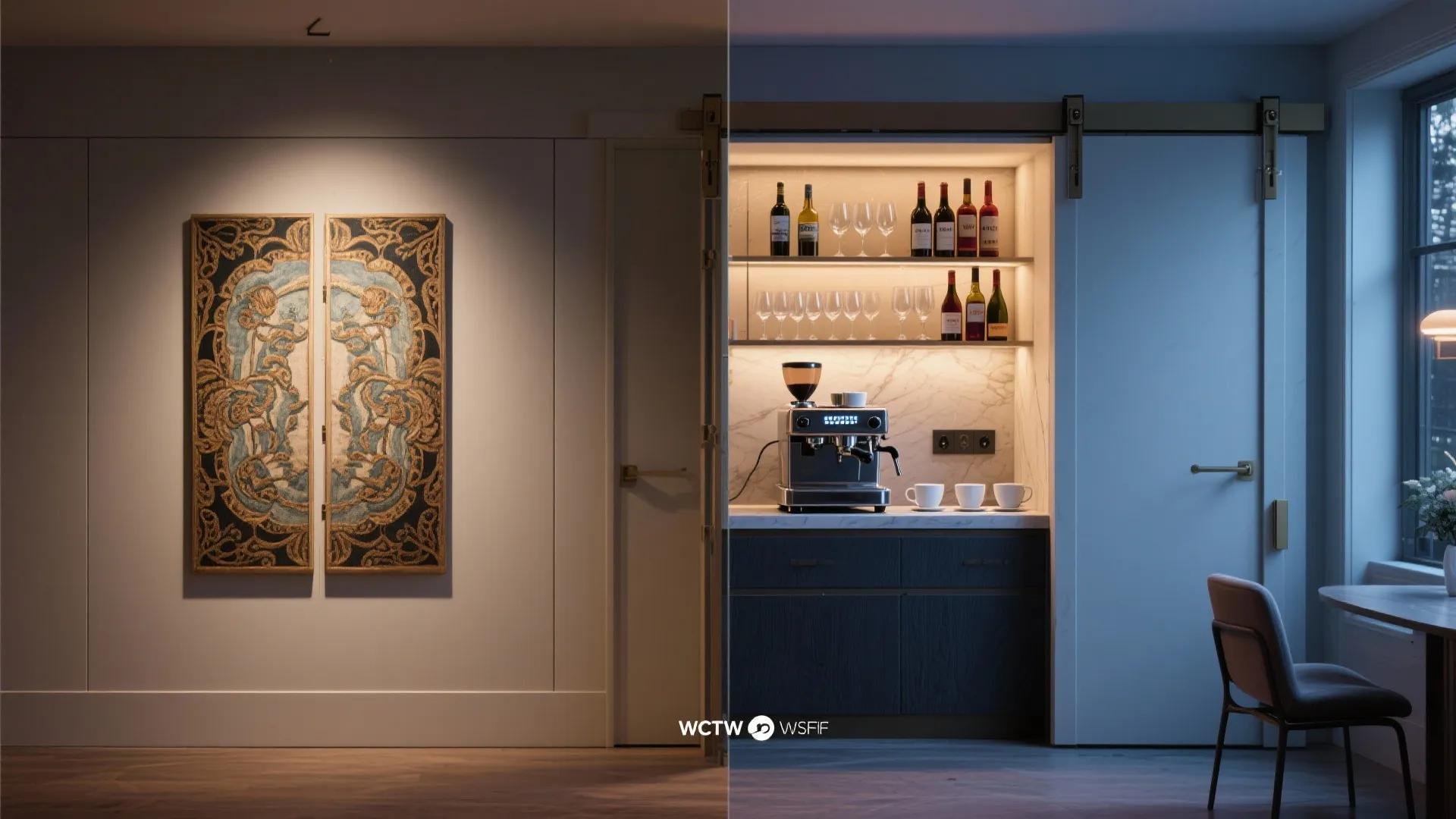 5. Hidden Bar Behind a Sliding Panel or Artwork