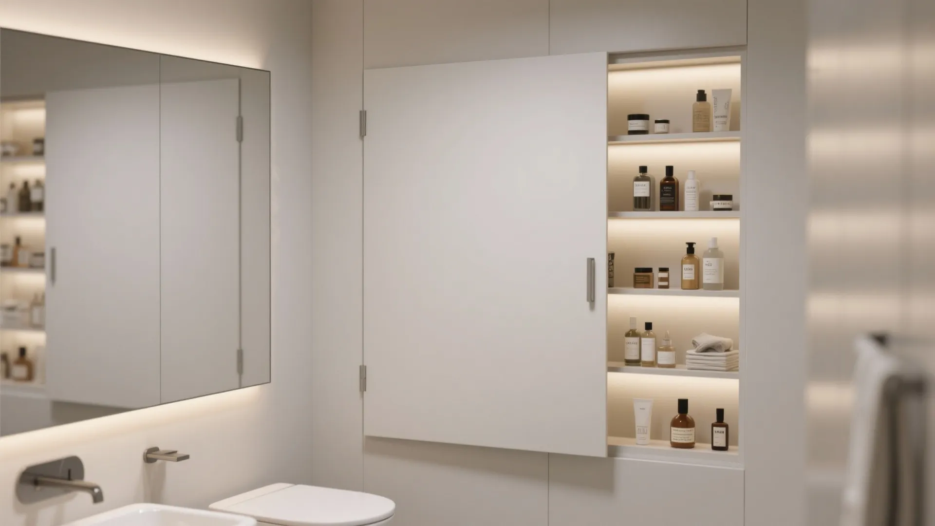 Minimalist bathroom wall with a sliding panel revealing hidden shelves for various small beauty bottles