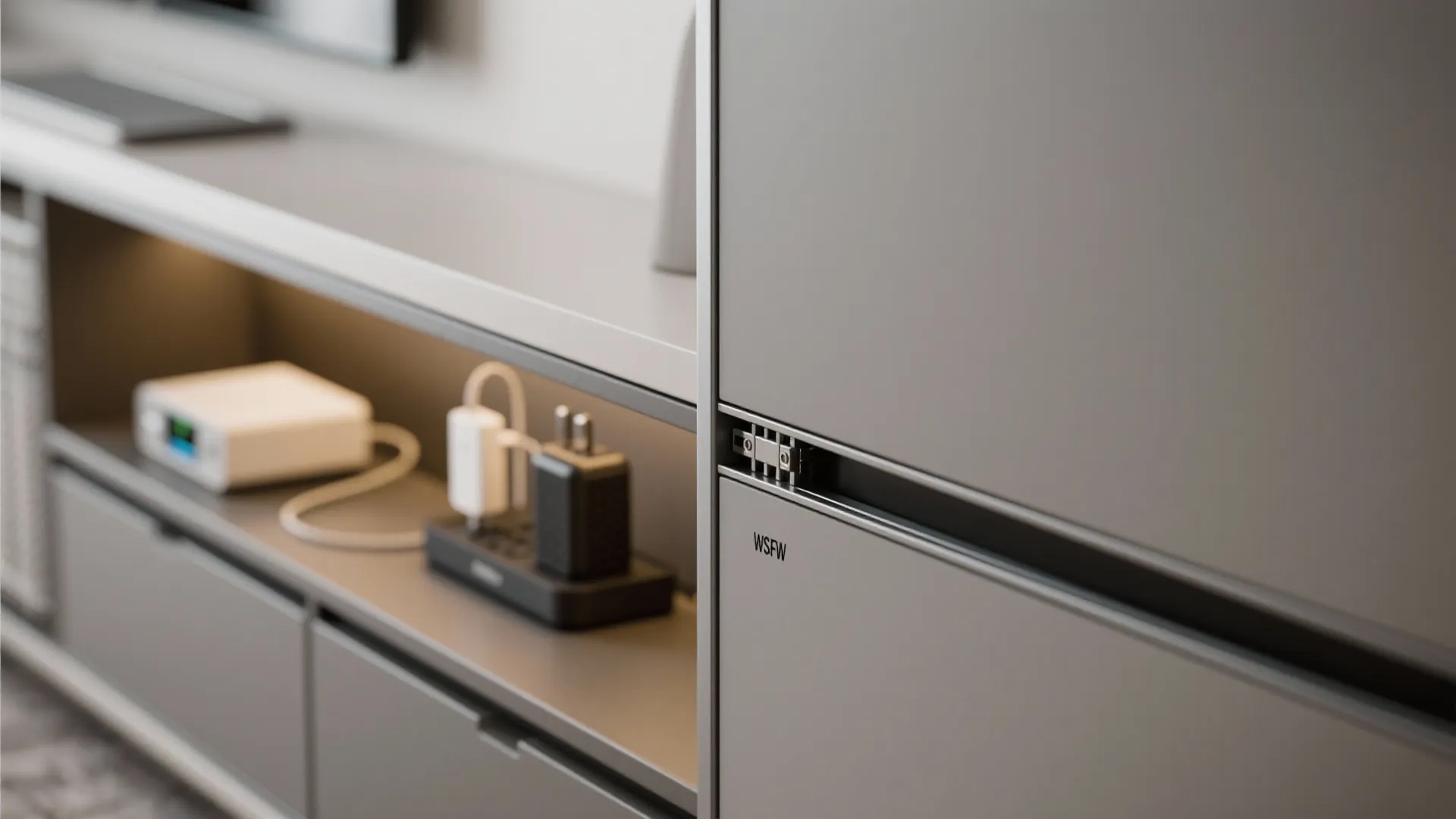 Close up of grey cabinet with hidden door handle and power plug on the inner shelf