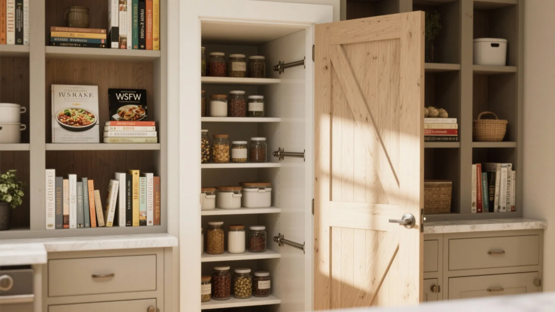 Open wooden barn door revealing a hidden narrow wall cabinet with shelves full of jars