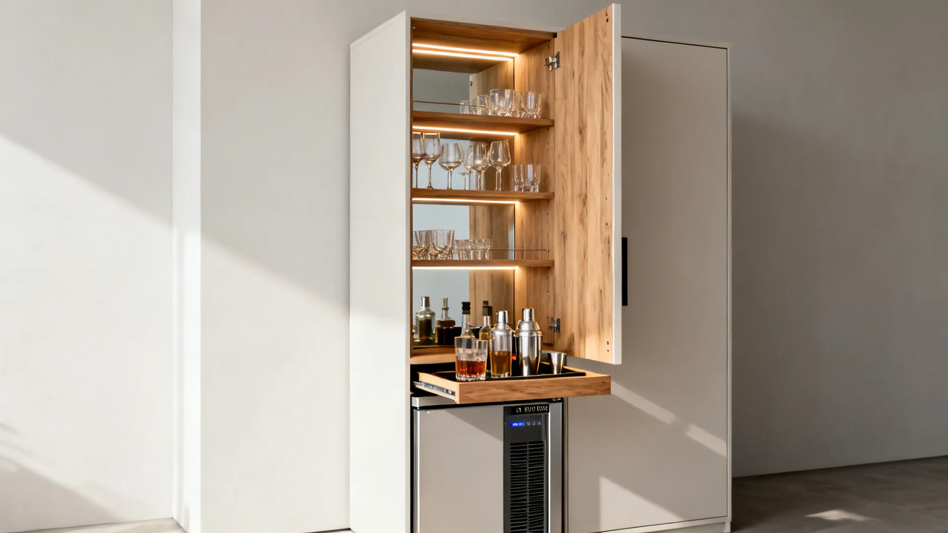 Tall cabinet with pocket doors open to a lit mini bar with shelves, pull-out tray, and a slim beverage fridge.