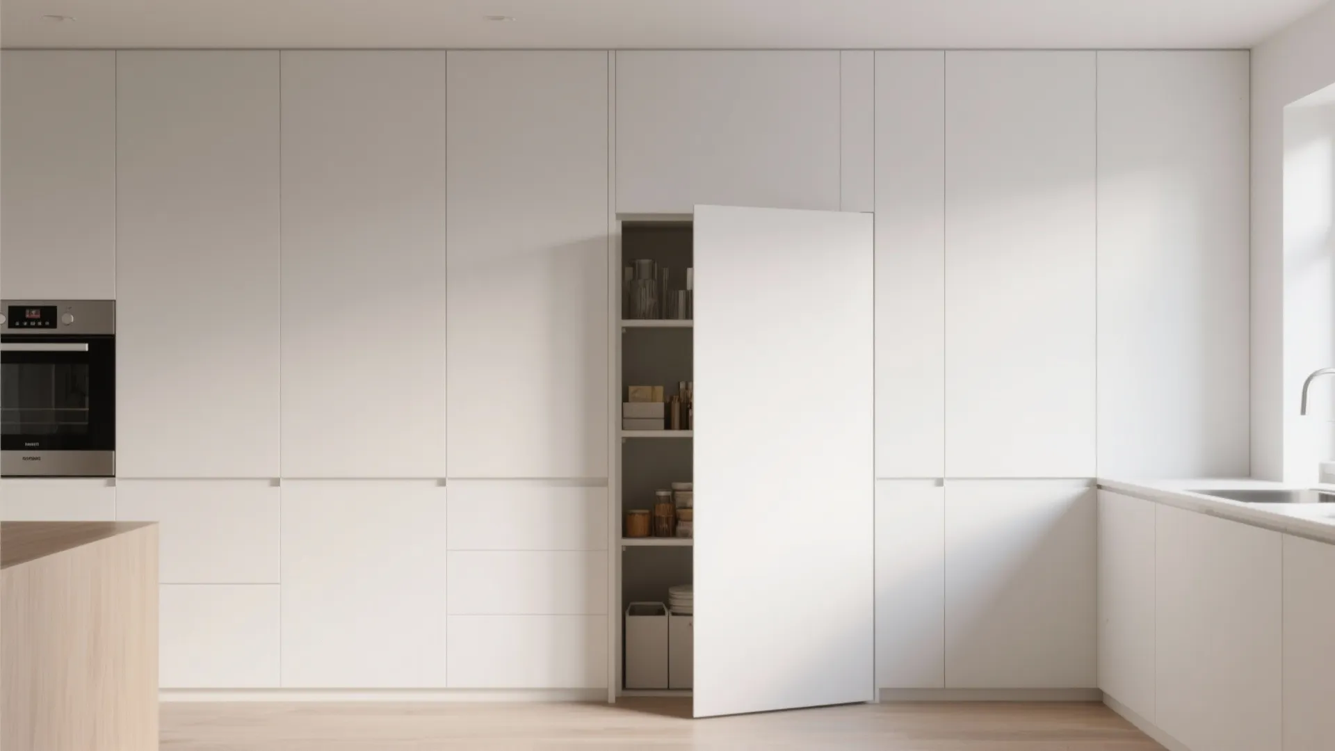 Minimalist white kitchen wall featuring a hidden tall storage cabinet with an open door inside