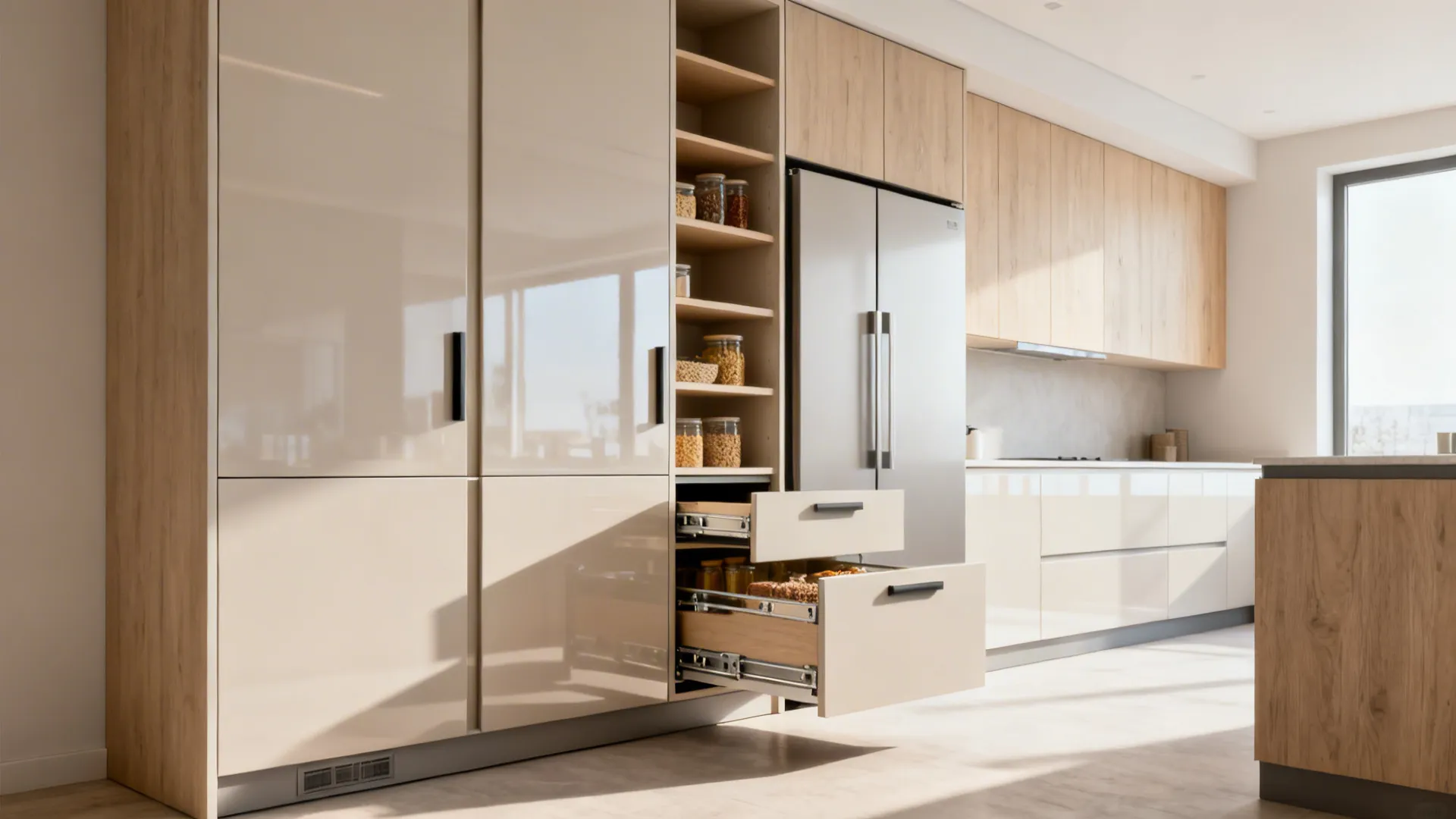 Tall handleless pantry column with a 60 cm pull-out system in a straight line kitchen.