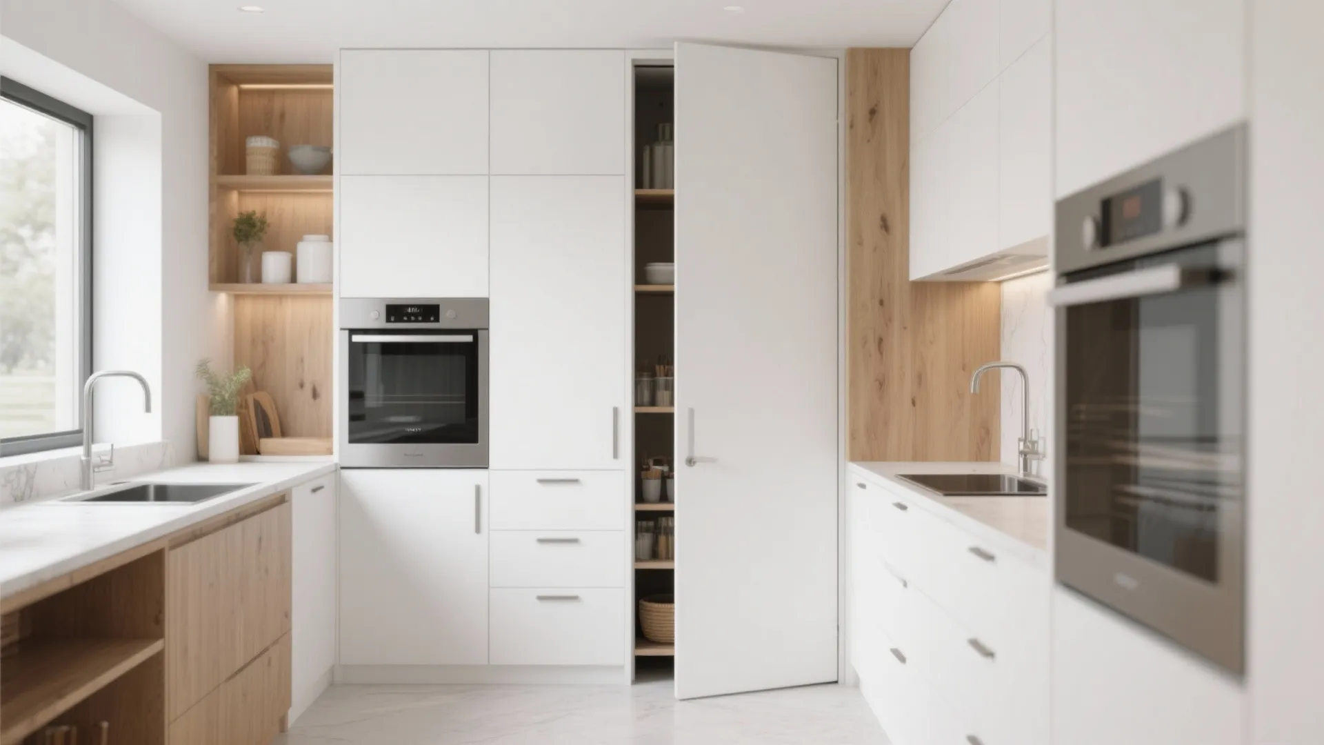 Minimalist white kitchen with a hidden pantry door opening to reveal wooden shelves for storage