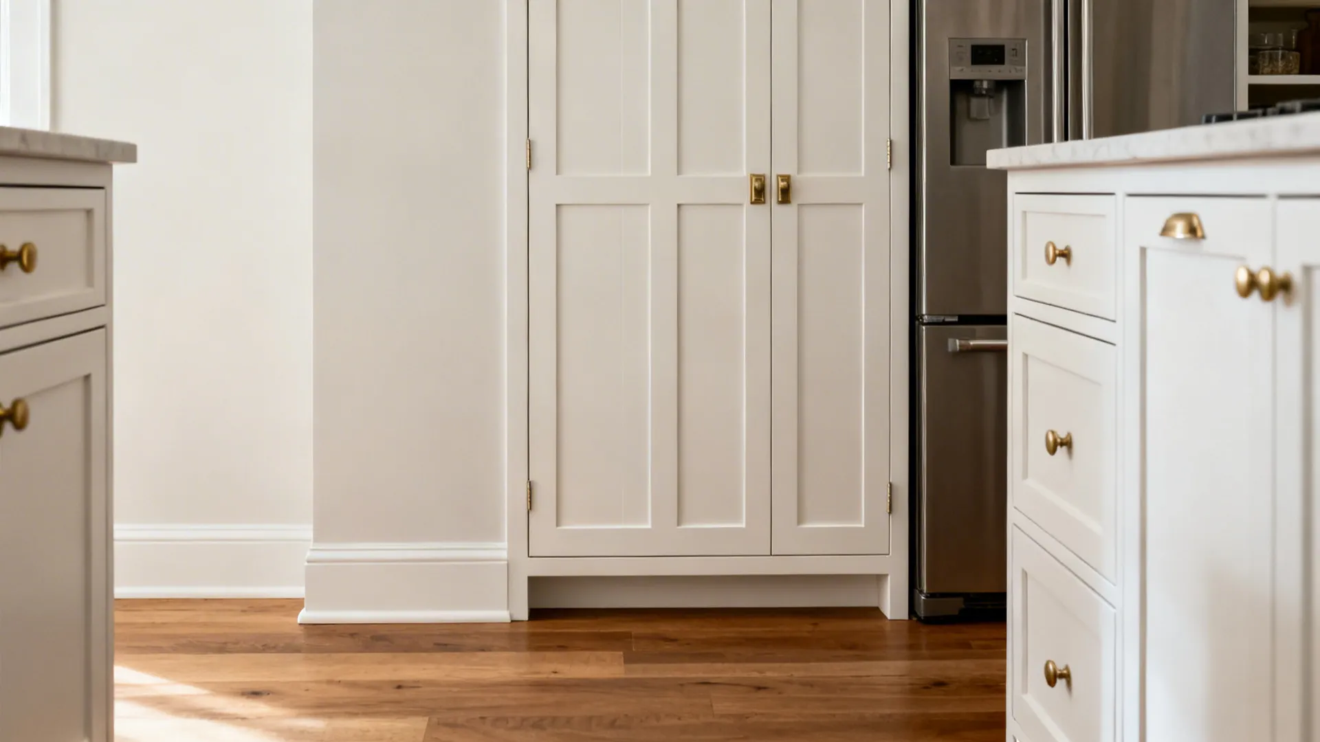 Before-and-after showing how a shaker panel conceals a pantry beside the fridge for a cleaner kitchen wall.